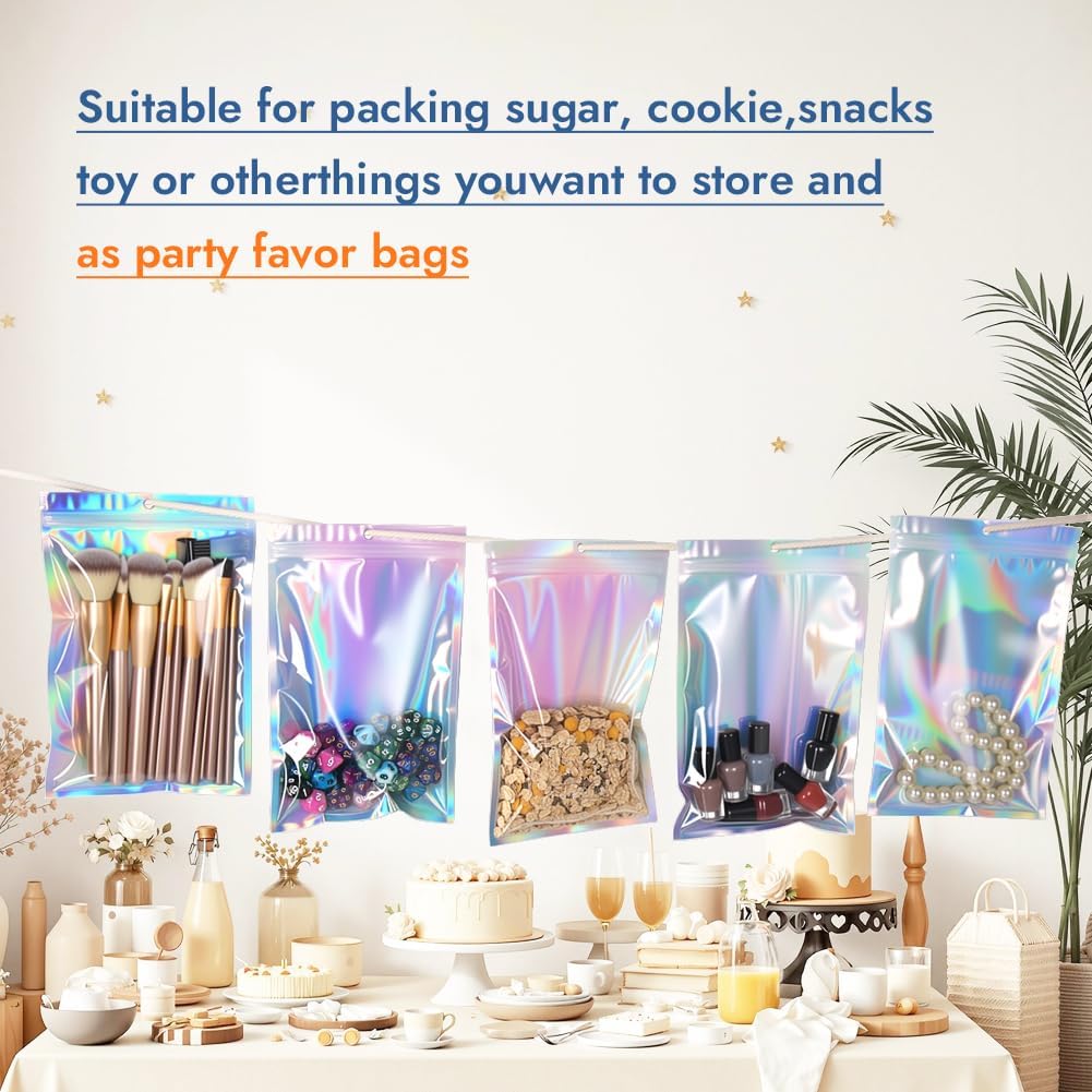 16x24cm Zip Lock Bags, Holographic Large Mylar Foil Ziplock Food Storage Bags Sealable Packaging Gift Pouch for Candy Cookies Jewellery Lash Lip Gloss Sample(Pack of 50) - Image 7