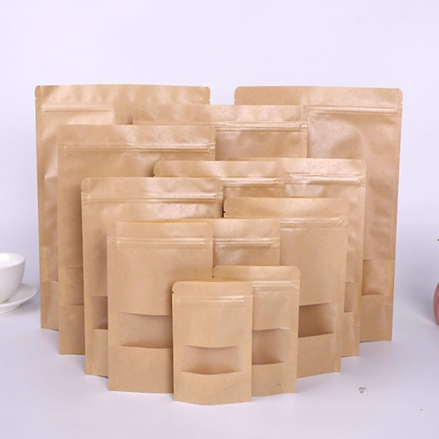 50Pcs Kraft Paper Food Bag, 12 x 20 cm Brown Zip Lock Resealable Stand Up Food Pouches with Transparent Window, Tea, Nuts, Seeds, Coffee Beans, Dried Fruits, Candy, Snacks, Cookie Bag Zip Sea - Image 3