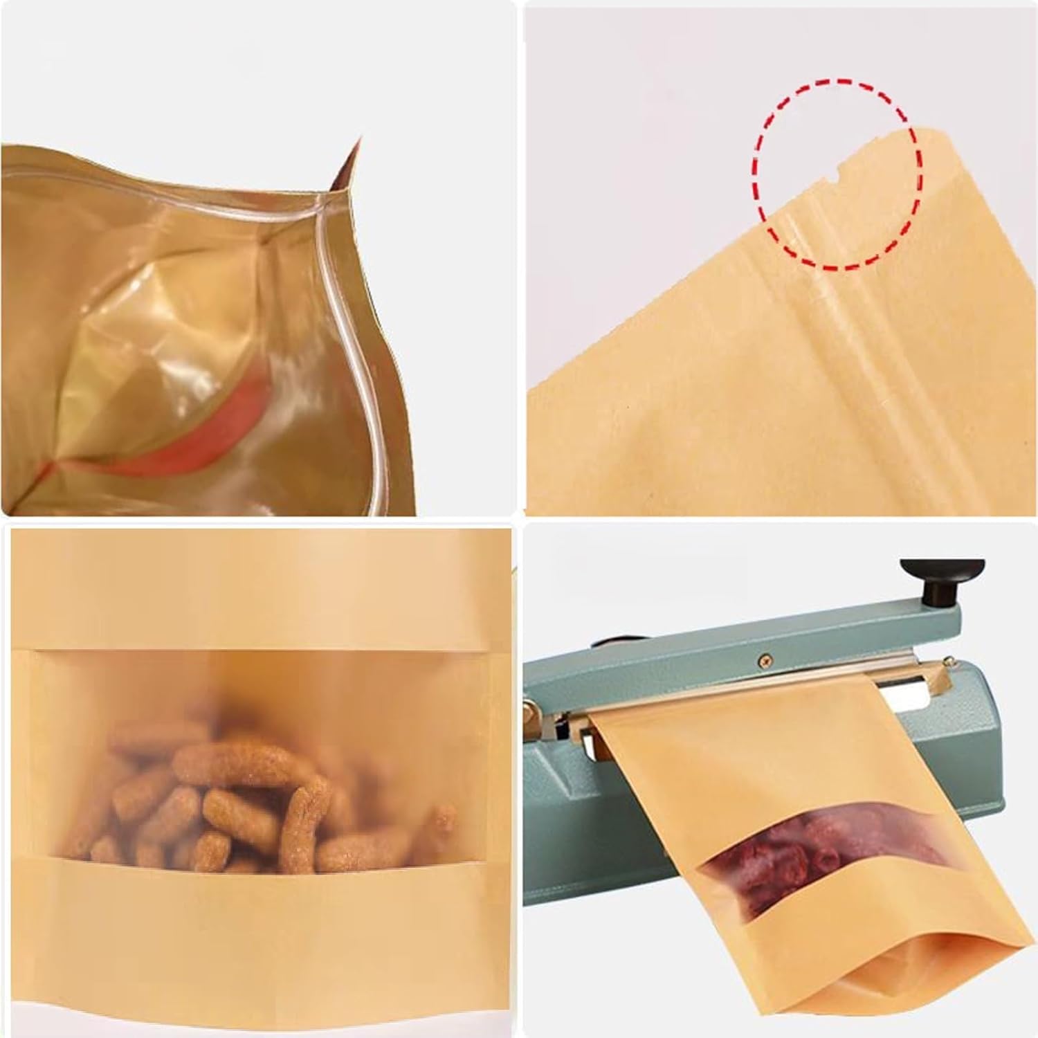 50Pcs Kraft Paper Food Bag, 12 x 20 cm Brown Zip Lock Resealable Stand Up Food Pouches with Transparent Window, Tea, Nuts, Seeds, Coffee Beans, Dried Fruits, Candy, Snacks, Cookie Bag Zip Sea - Image 2