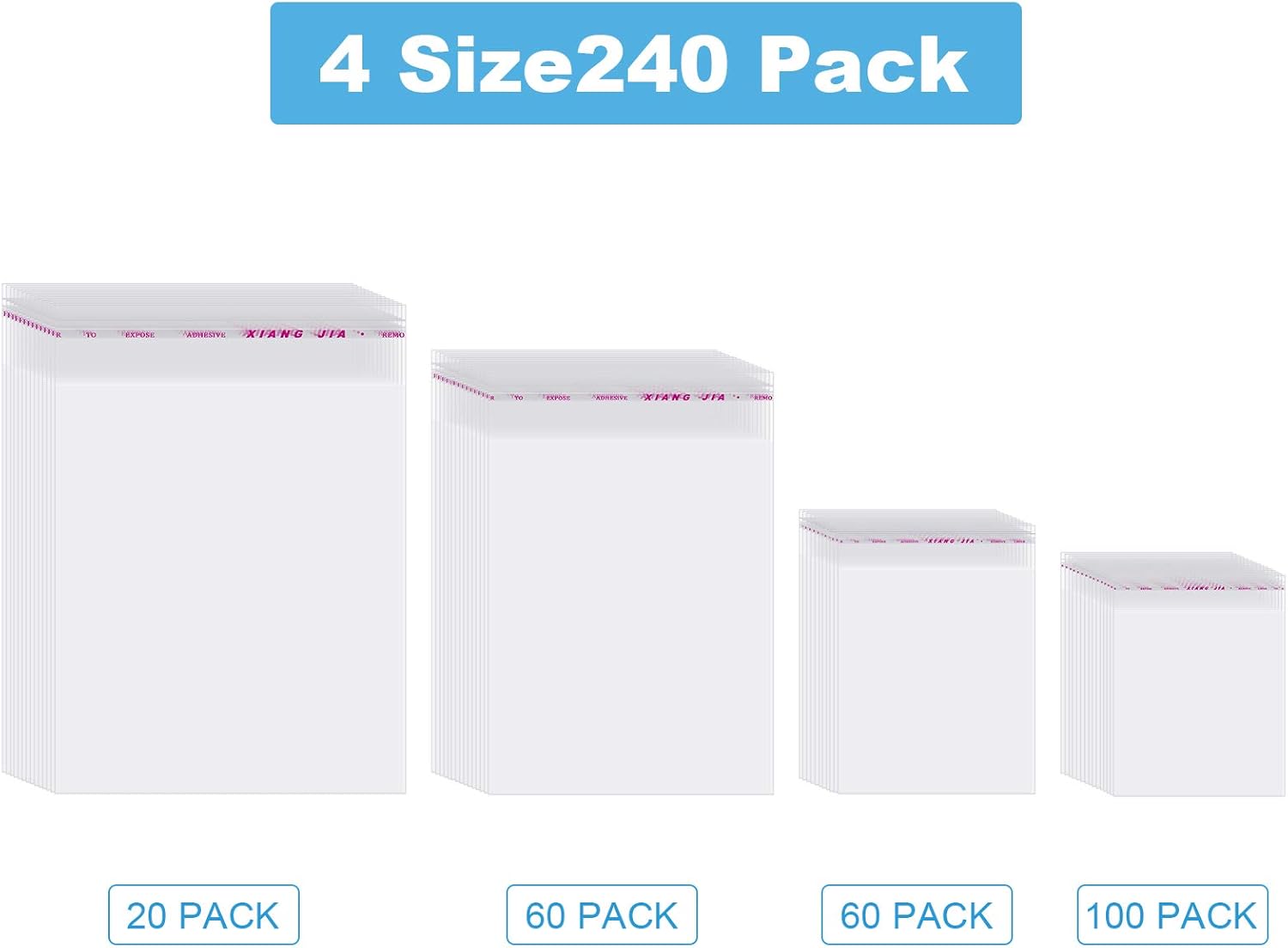 4 Size 240 Pieces Clear Plastic Cello Bag Resealable Self Sealing Cellophane Bag for Candy Cookies Decorative Wrapper (4 x 6 Inch, 5 x 7 Inch, 8 x 12 Inch, 10 x 13 Inch) - Image 2