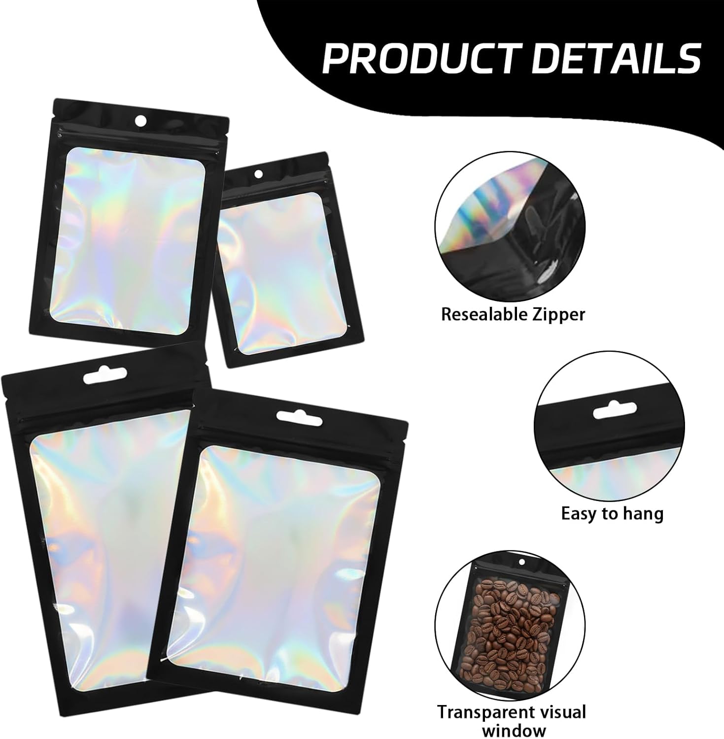 200 PCS Mylar Holographic Bags, 4 Sizes Plastic Smell Proof Resealable Foil Ziplock Bags, Small Black Packaging Storage Bag for Jewelry, Candy, Fishing Gear, Lip Gloss and Crafts Small Items - Image 3