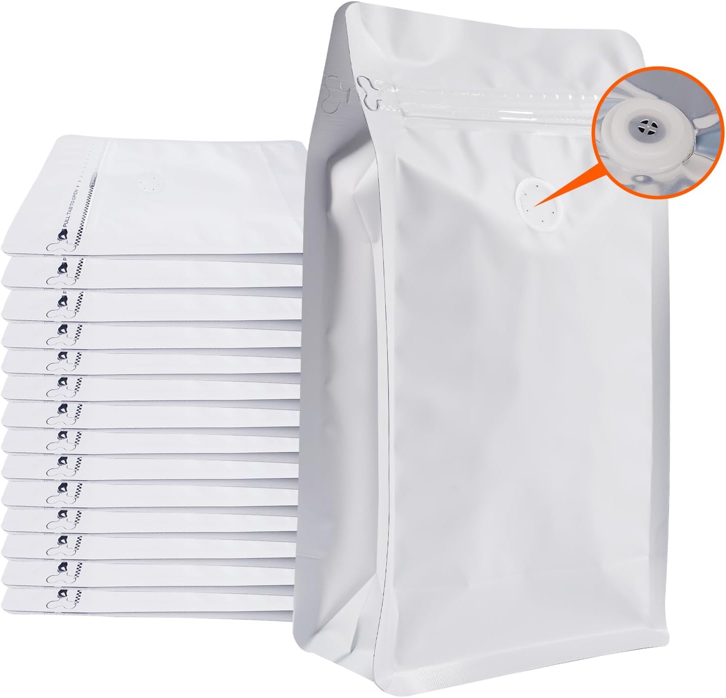 Coffee Bags with Valve (50 Pack, 8oz/0.45lb), High Barrier White Aluminum Foil, Coffee Bean Storage Bags, Reusable Packaging Bags with Side Zipper