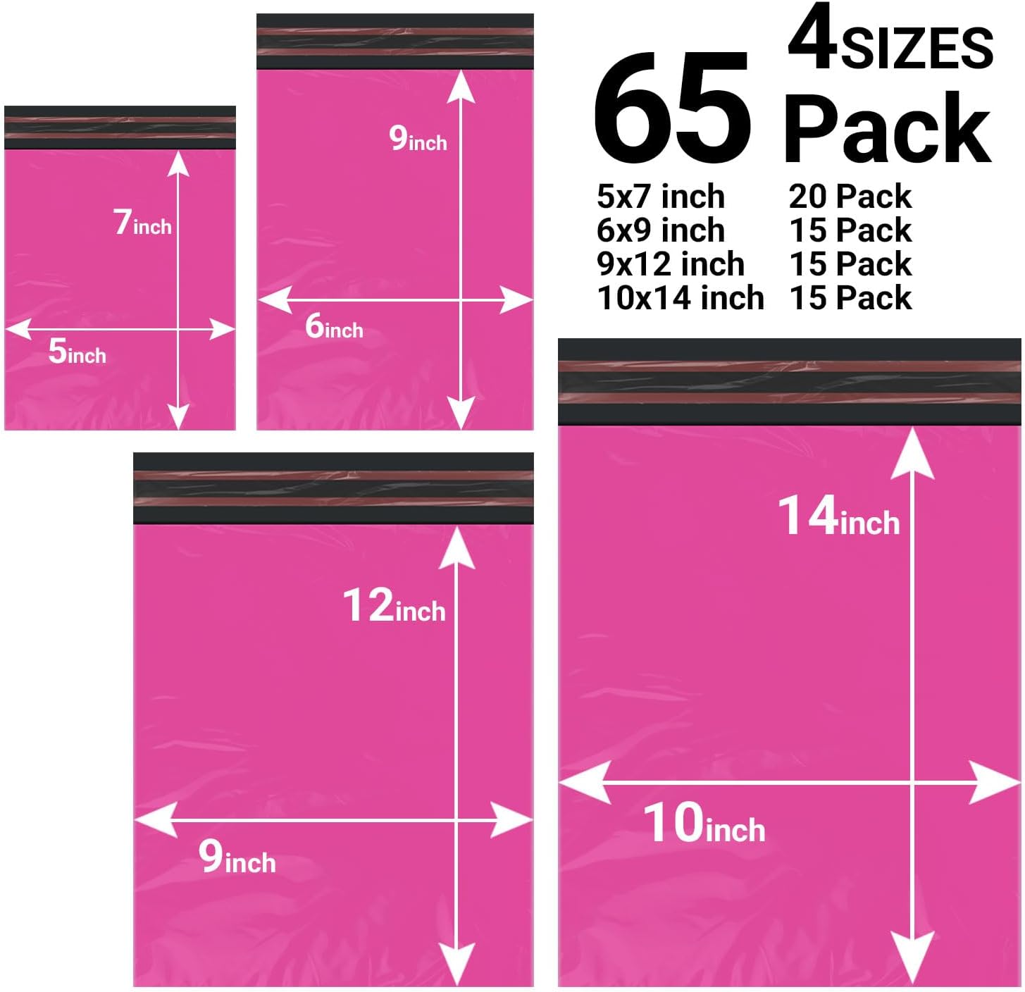 65 Mixed Parcel Bags Hot Pink, Mailer Bags Tamper-Proof Strong Postal Packaging Bags for Shipping, Mailing & Delivery, 4 Sizes Small to Large Bags, 15 Each - Image 2