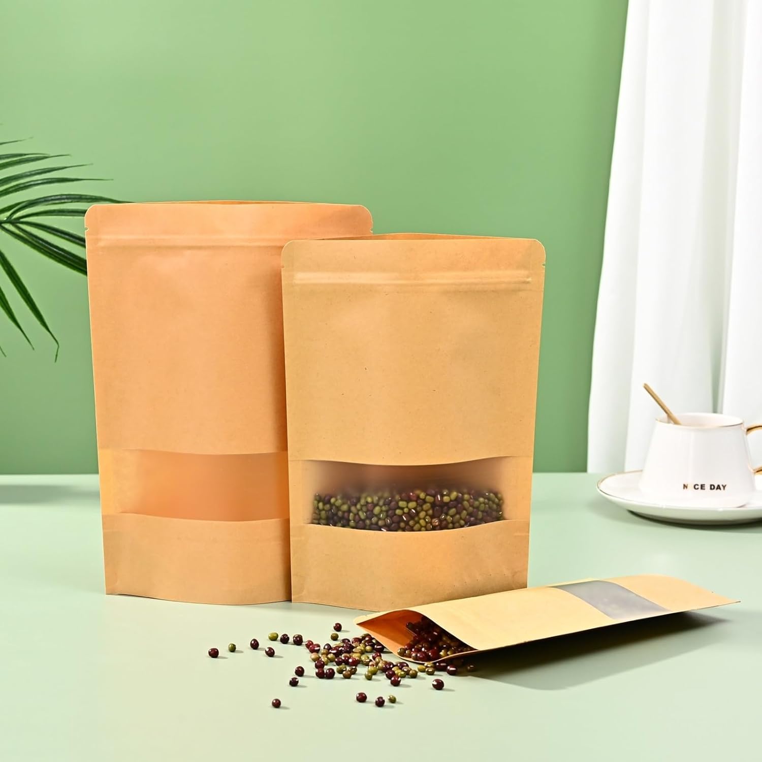50Pcs Kraft Paper Food Bag, 12 x 20 cm Brown Zip Lock Resealable Stand Up Food Pouches with Transparent Window, Tea, Nuts, Seeds, Coffee Beans, Dried Fruits, Candy, Snacks, Cookie Bag Zip Sea - Image 4