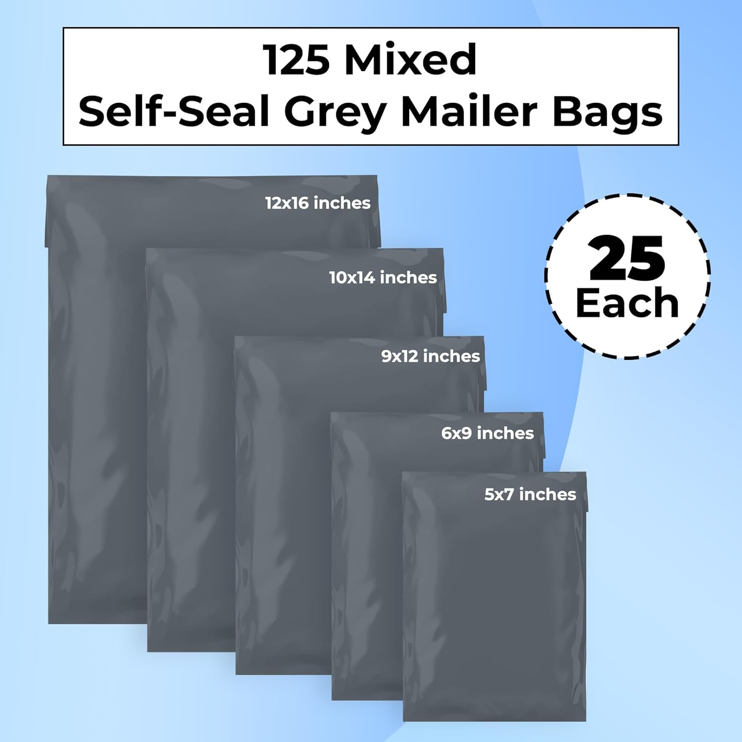 Double Dragon 125 Mixed Size Self-Seal Mailer Bags | Tamper-Proof Plastic Packaging for Mailing, Postage, Shipping & Delivery | Grey (5 Sizes | Small to Large | 25 Each) - Image 2