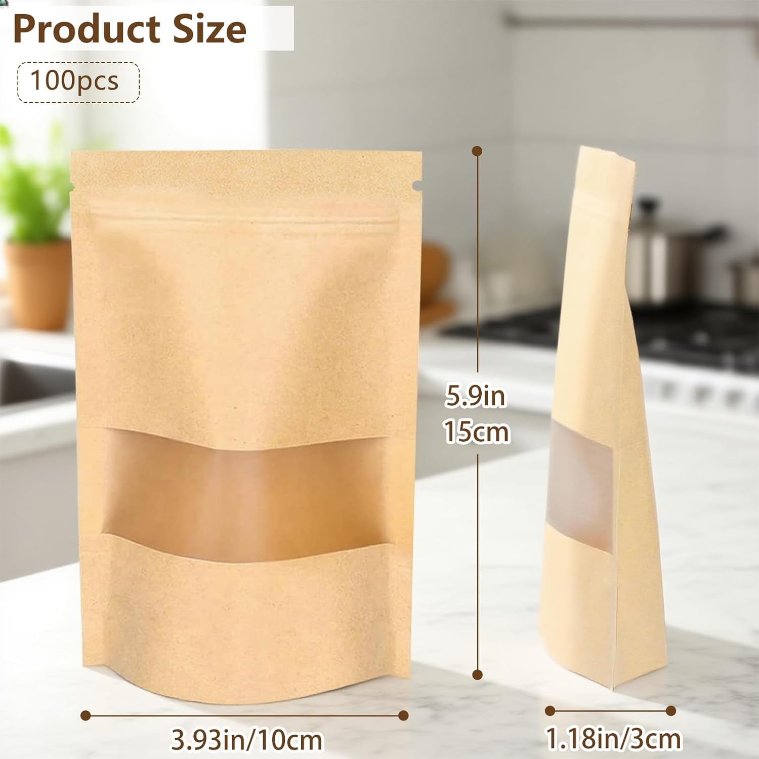 100 Pcs Kraft Pouches With Window, Kraft Bags with Resealable, Stand Up Food Bags for Cookie Tea Candy Nut Spices - Image 2