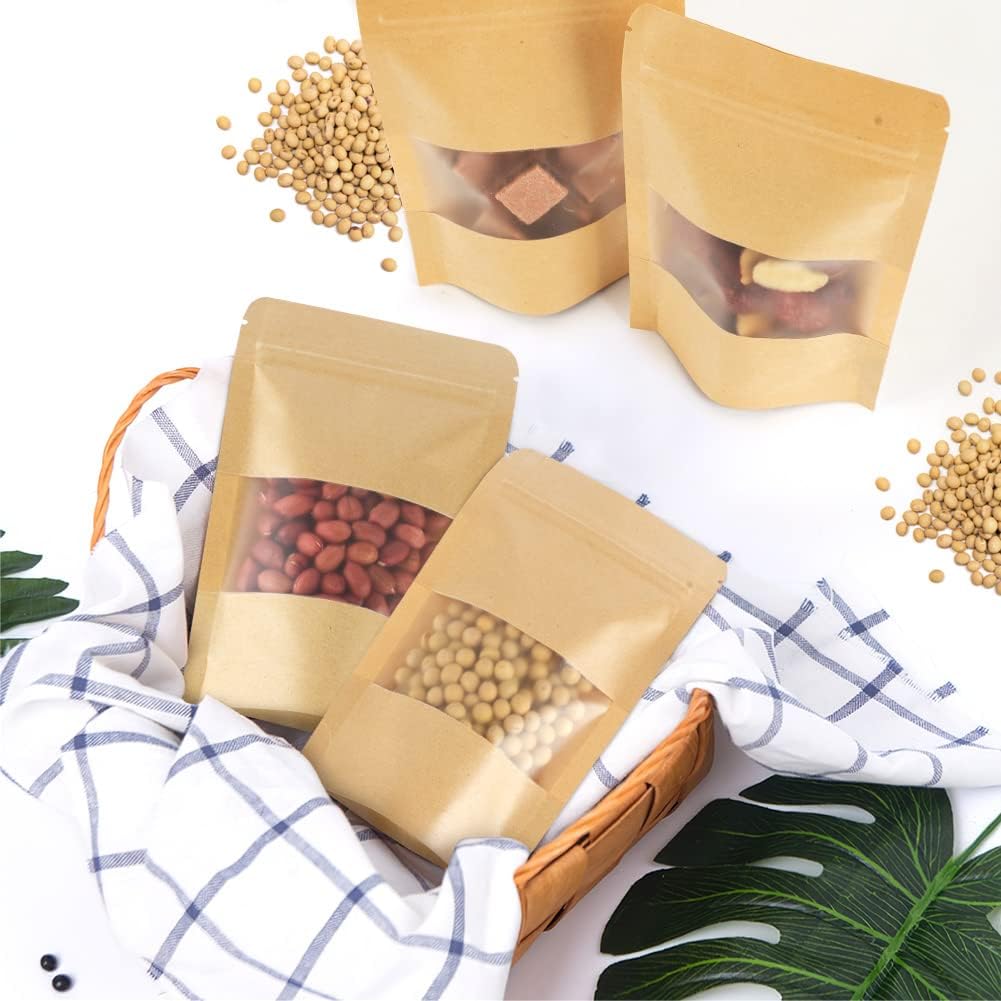 AUAUY 55Pcs Stand Up Pouches, Kraft Bags with Window, 3.5" x 5.5"/9 x 14 cm Brown Resealable Bags with Tear Notch, Paper Ziplock Bags for Home or Business Food Storage Bags - Image 6