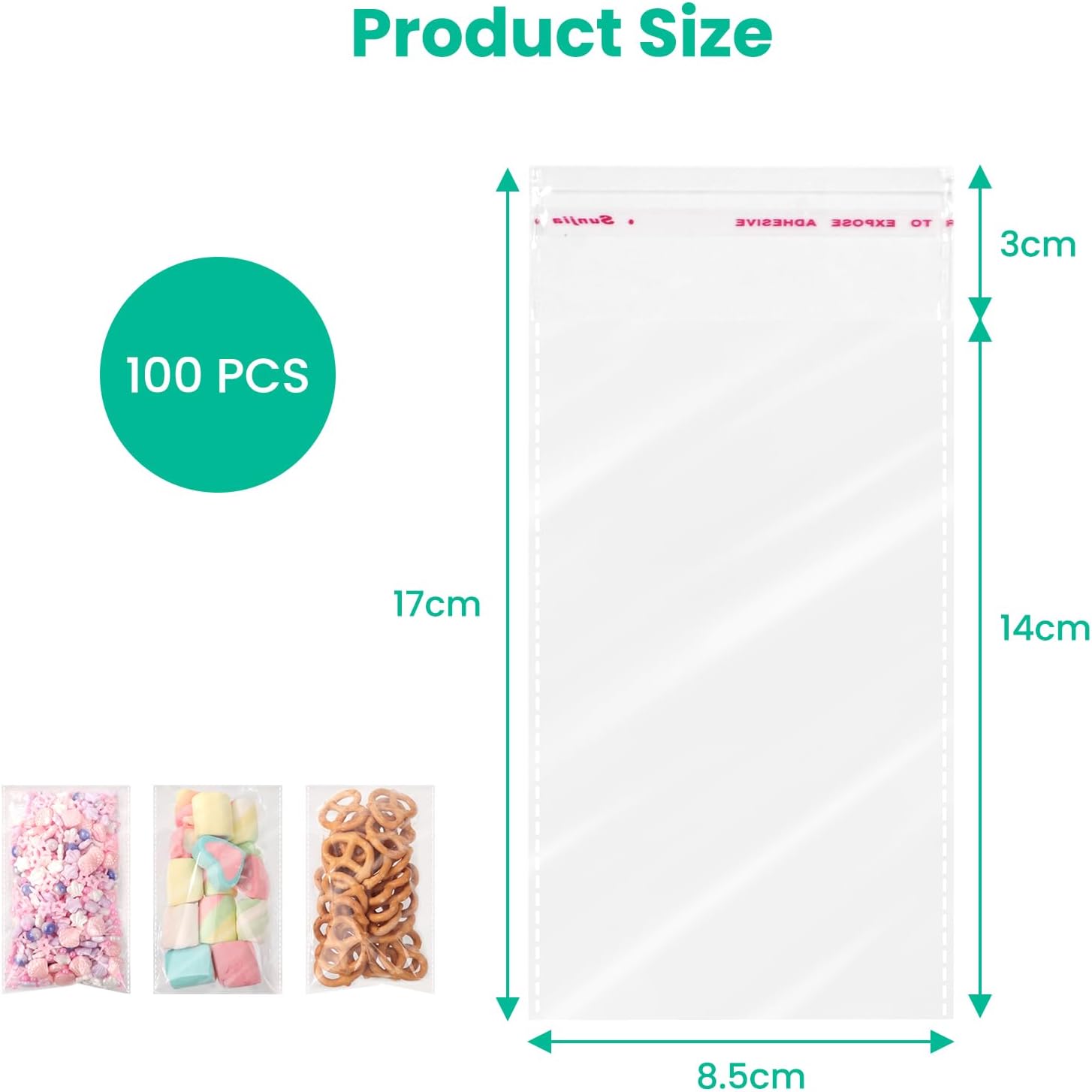 100Pcs Cellophane Bags (8.5x17cm) – Small Self-Seal Clear Cookie Bags for Sweets, Chocolates, Jewellery, Gifts | Floral-Cut Design | Multipurpose Treat Packaging - Image 2