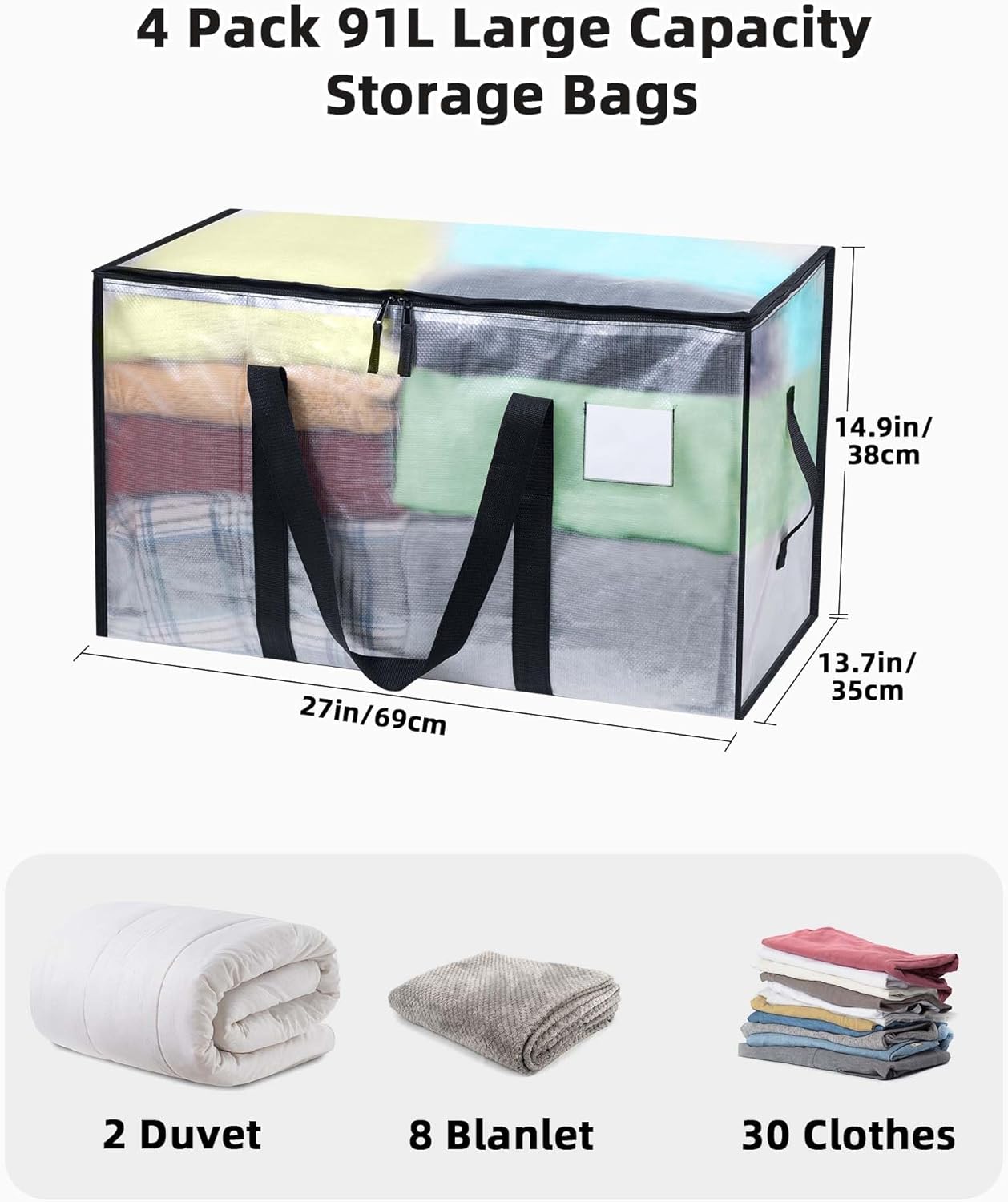 4 Pack Clear Clothes Storage Bags, 91L Heavy Duty Moving Bag, Transparent Large Wardrobe Organiser Packing Bags with Zips Lids for Duvet Toys (Clear, 4 Pack) - Image 2