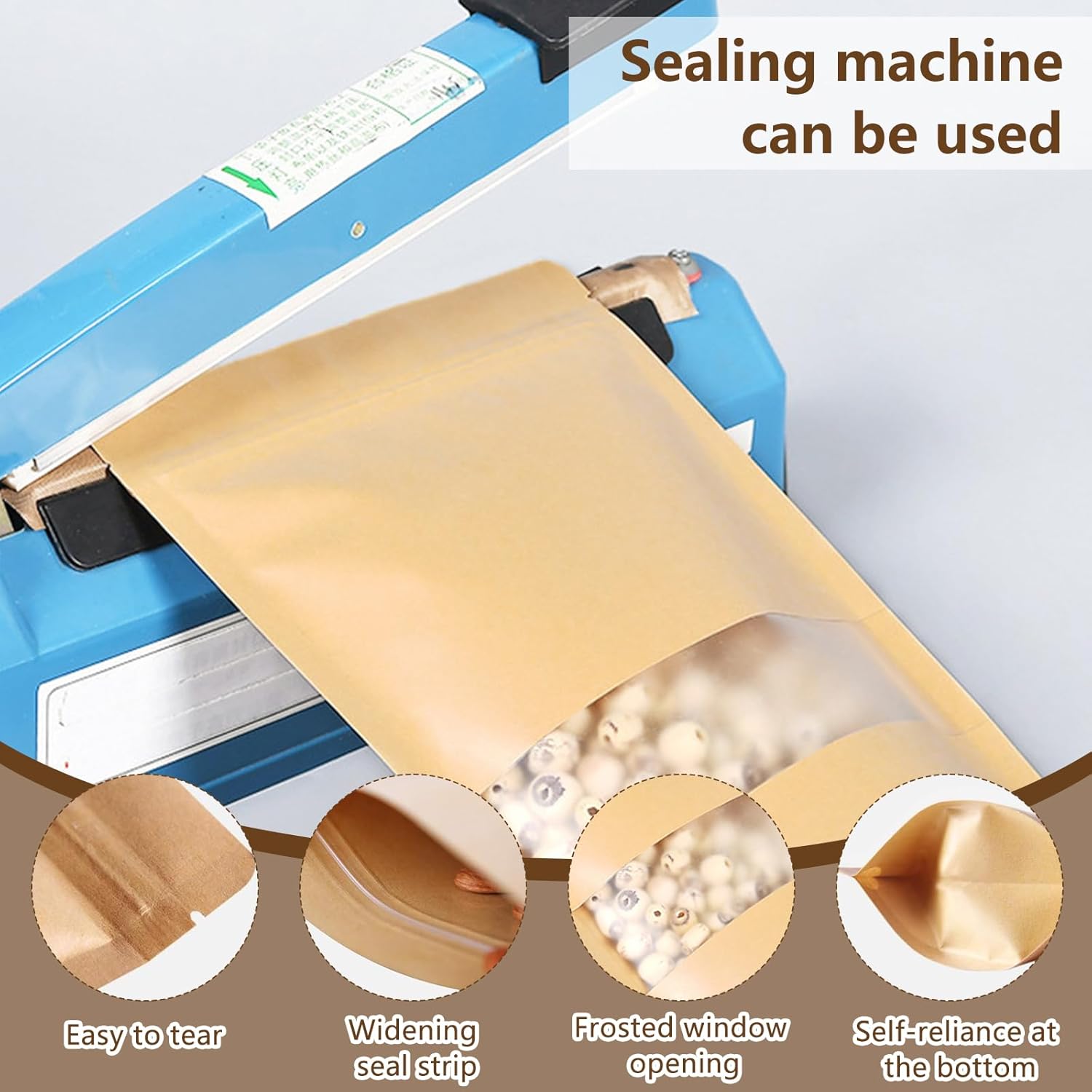 100 Pcs Kraft Pouches With Window, Kraft Bags with Resealable, Stand Up Food Bags for Cookie Tea Candy Nut Spices - Image 3