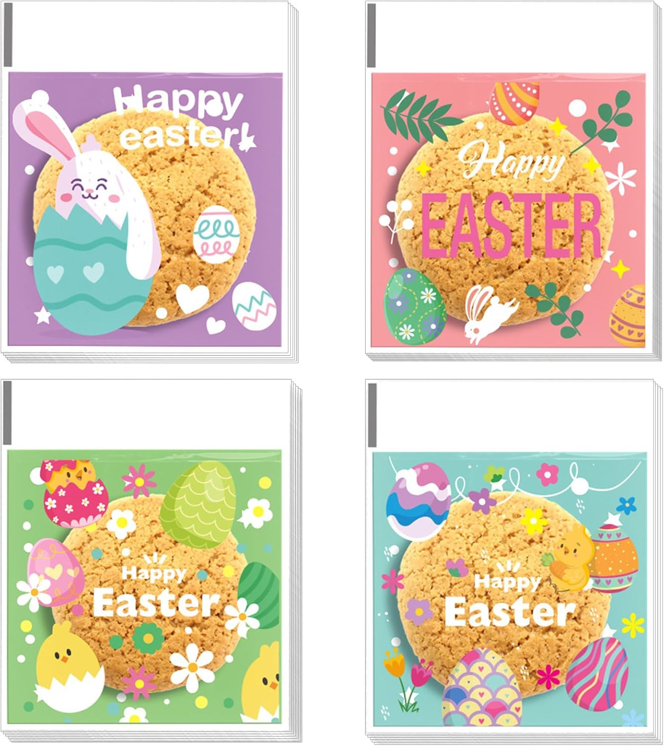 100-Pack Easter Cellophane Treat Bags with Self-Seal Adhesive - 4 Styles Bunny Egg Cone Goodie Bags for Cookies, Candy, Party Favors - Food Safe Easter Cookie Bags for Classroom Church Events