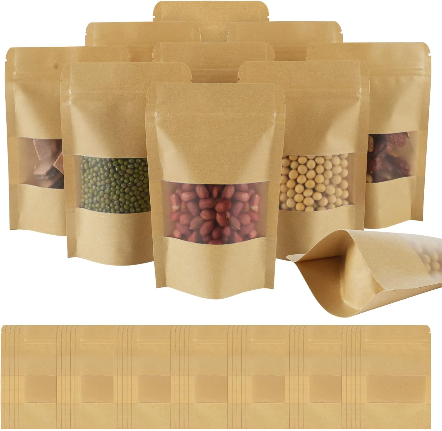AUAUY 55Pcs Stand Up Pouches, Kraft Bags with Window, 3.5" x 5.5"/9 x 14 cm Brown Resealable Bags with Tear Notch, Paper Ziplock Bags for Home or Business Food Storage Bags