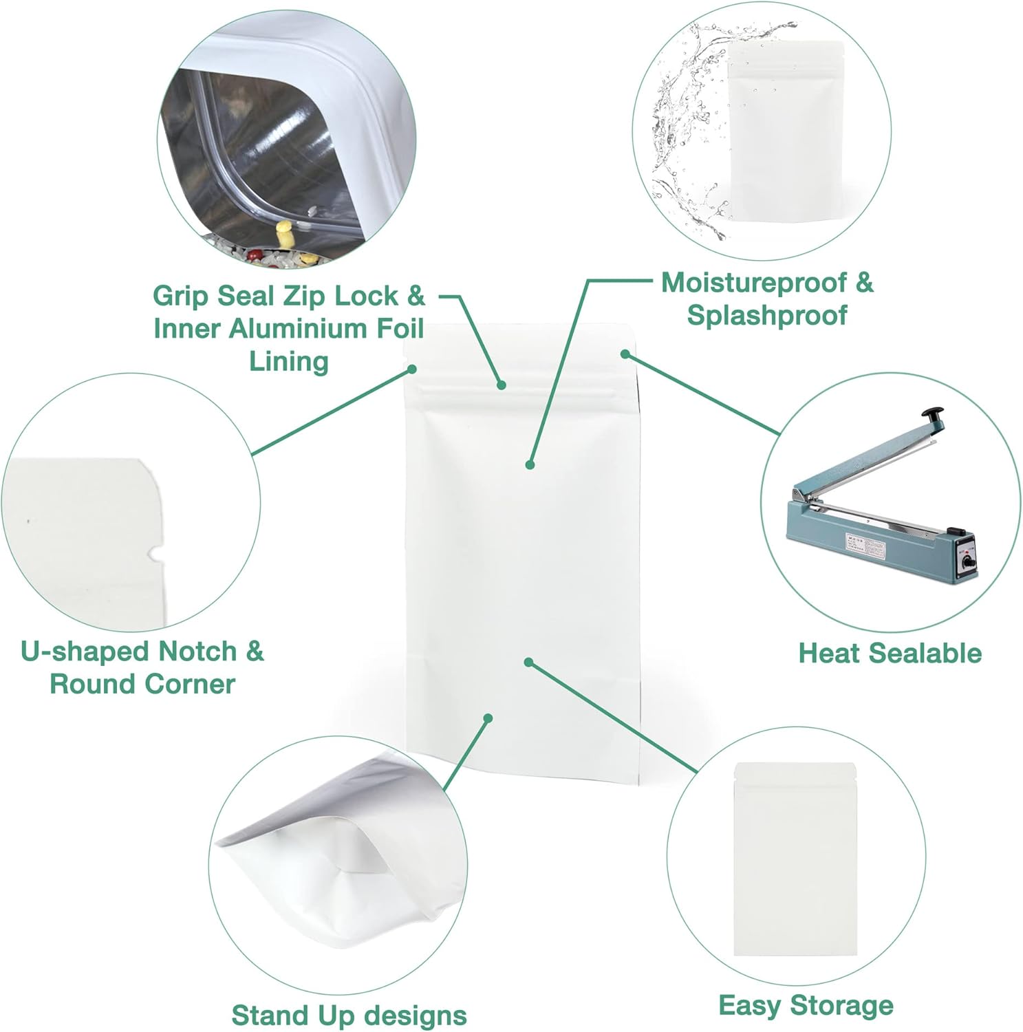 Evergreen Goods 50 White Kraft Stand-Up Paper Reusable Food Bags (130 x 180mm) | Pouches Foil Lined with Tear Notch Heat-Grip Sealable Ziplock | Perfect for Packaging Coffee Beans, Snacks & Sweets Etc - Image 2