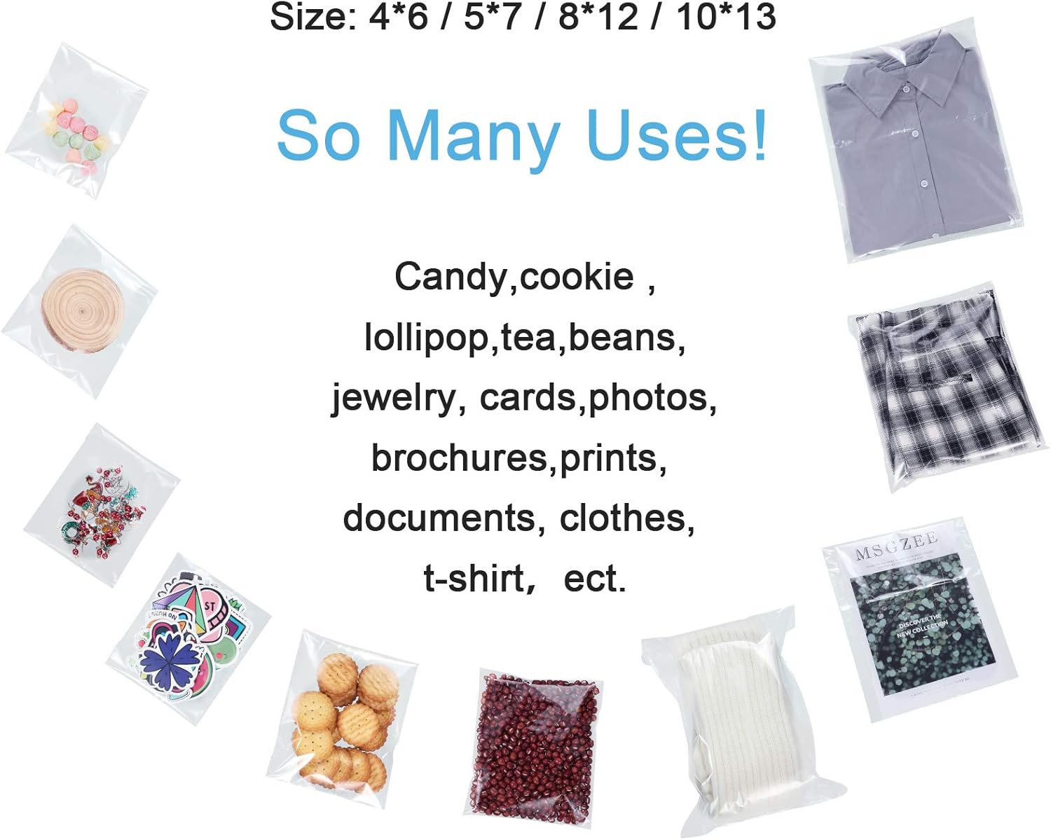 4 Size 240 Pieces Clear Plastic Cello Bag Resealable Self Sealing Cellophane Bag for Candy Cookies Decorative Wrapper (4 x 6 Inch, 5 x 7 Inch, 8 x 12 Inch, 10 x 13 Inch) - Image 4