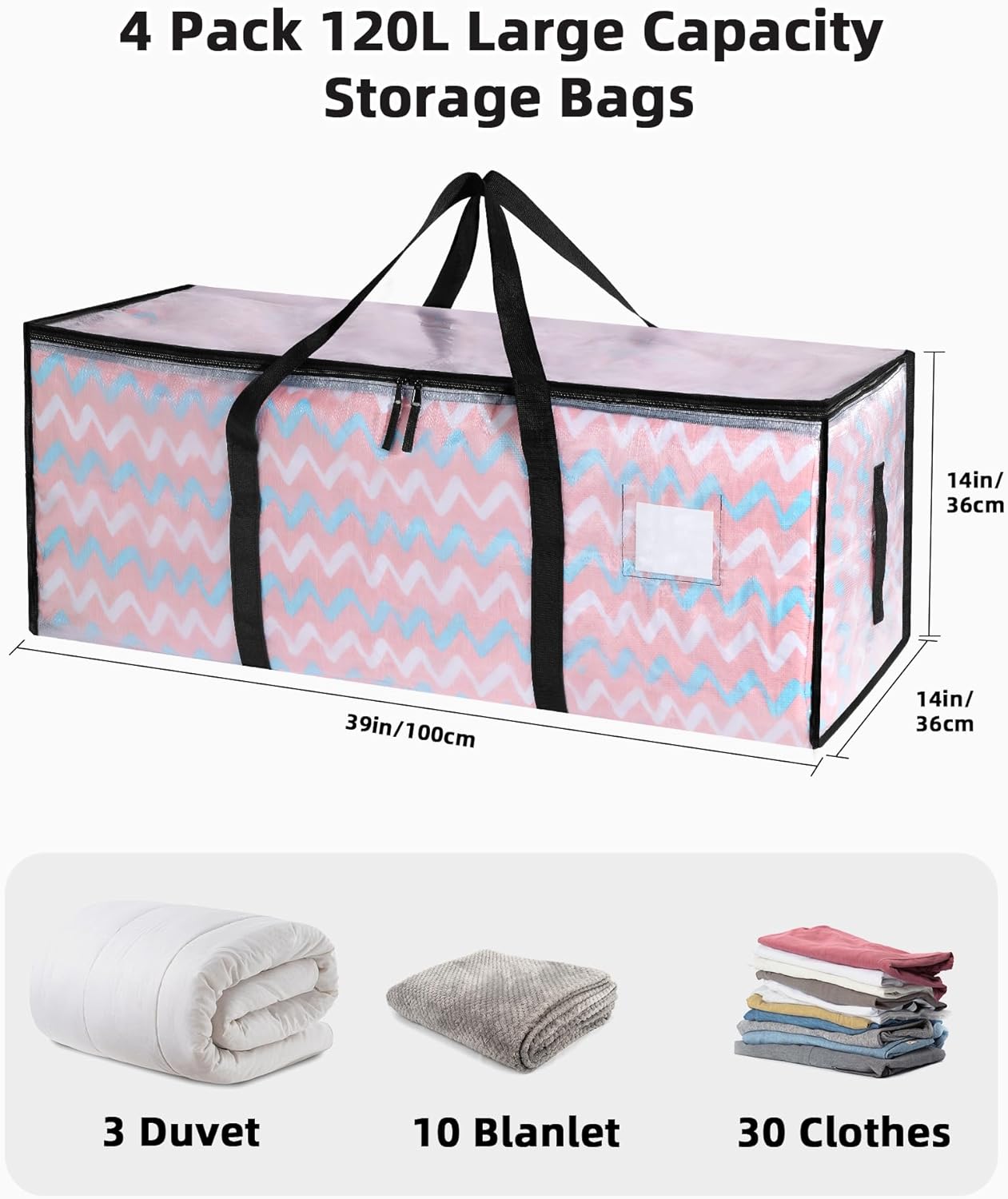 4 Pack Clear Clothes Storage Bags, 120L Heavy Duty Moving Bag, Transparent Large Wardrobe Organiser Packing Bags with Zips Lids for Duvet Toys (4 Pack, Clear) - Image 2
