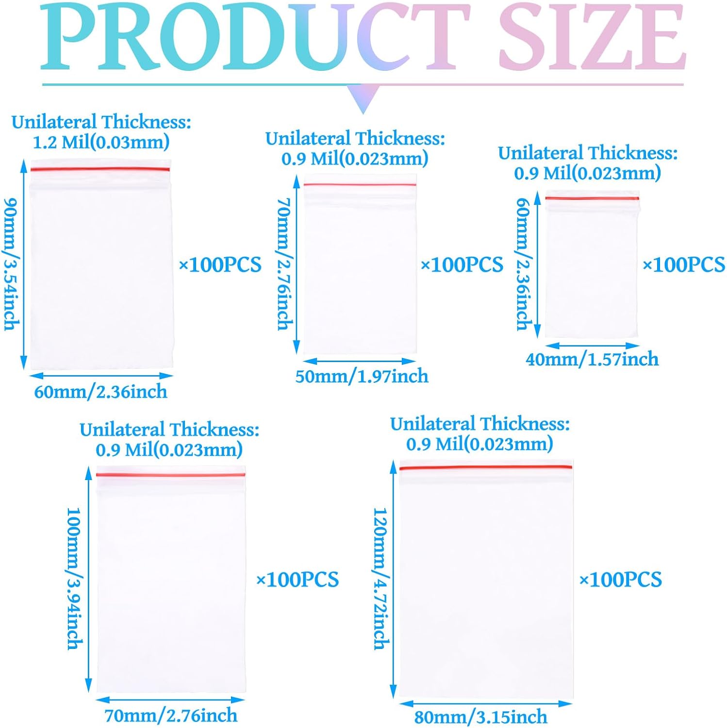 500pcs Plastic Zip Bags 5 Sizes Resealable Packaging Bags Clear Zipper Sealing Pouches for Party Favor Storage Jewelry - Image 3