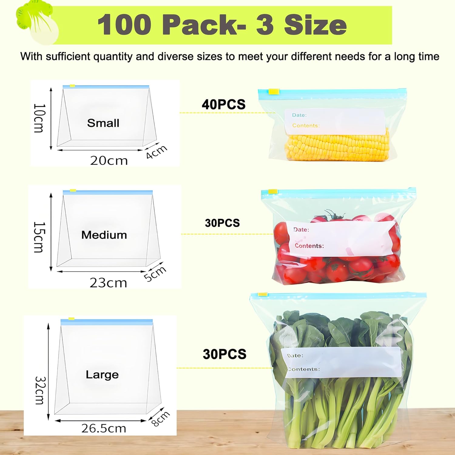 100 Pcs Food Storage Freezer Bags, 3 Sizes Zip Lock Bags(4.55L, 2.27L, 1L), VAKOWOO Reusable Ziplock Sandwich Bag with Expandable Bottom, Zip Seal Food Bag for Fruits, Vegetables, Meat, Grains, Snacks - Image 2
