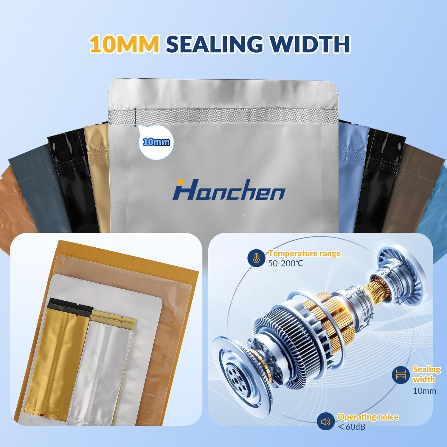 Hanchen Automatic Continuous Sealer 6m/min Continuous Band Sealing Machine Temp&Speed Adjustable, 300W Roller Heat Sealer for Plastic Bag Foil Bag Kraft Paper Bag (Without printing wheel) - Image 6