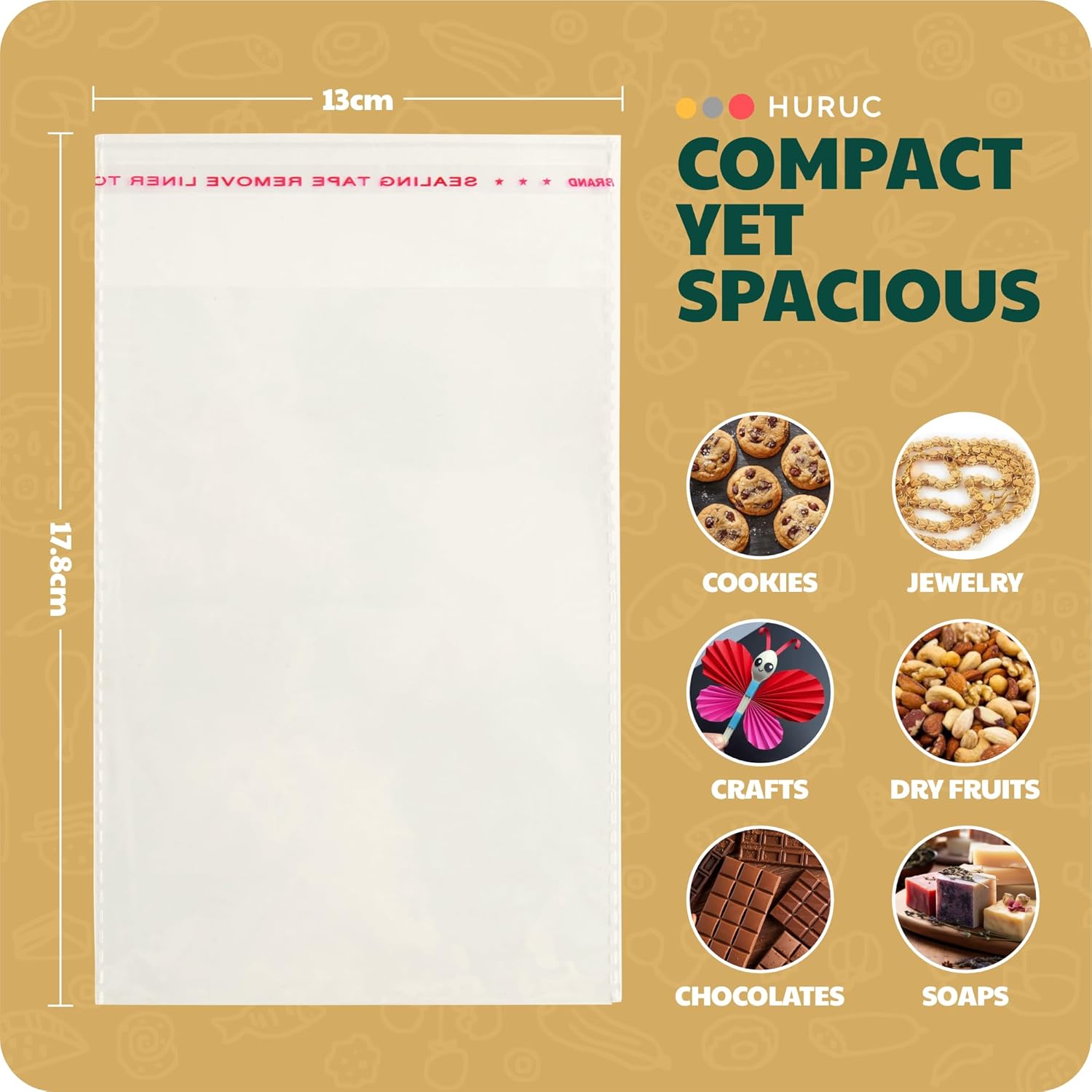 HURUC Small Clear Self-Seal Cellophane Bags 17.8×13cm – 100 Pack | Self-Adhesive Treat Bags for Cookies, Sweets, Jewellery, Crafts & Party Favours - Image 3