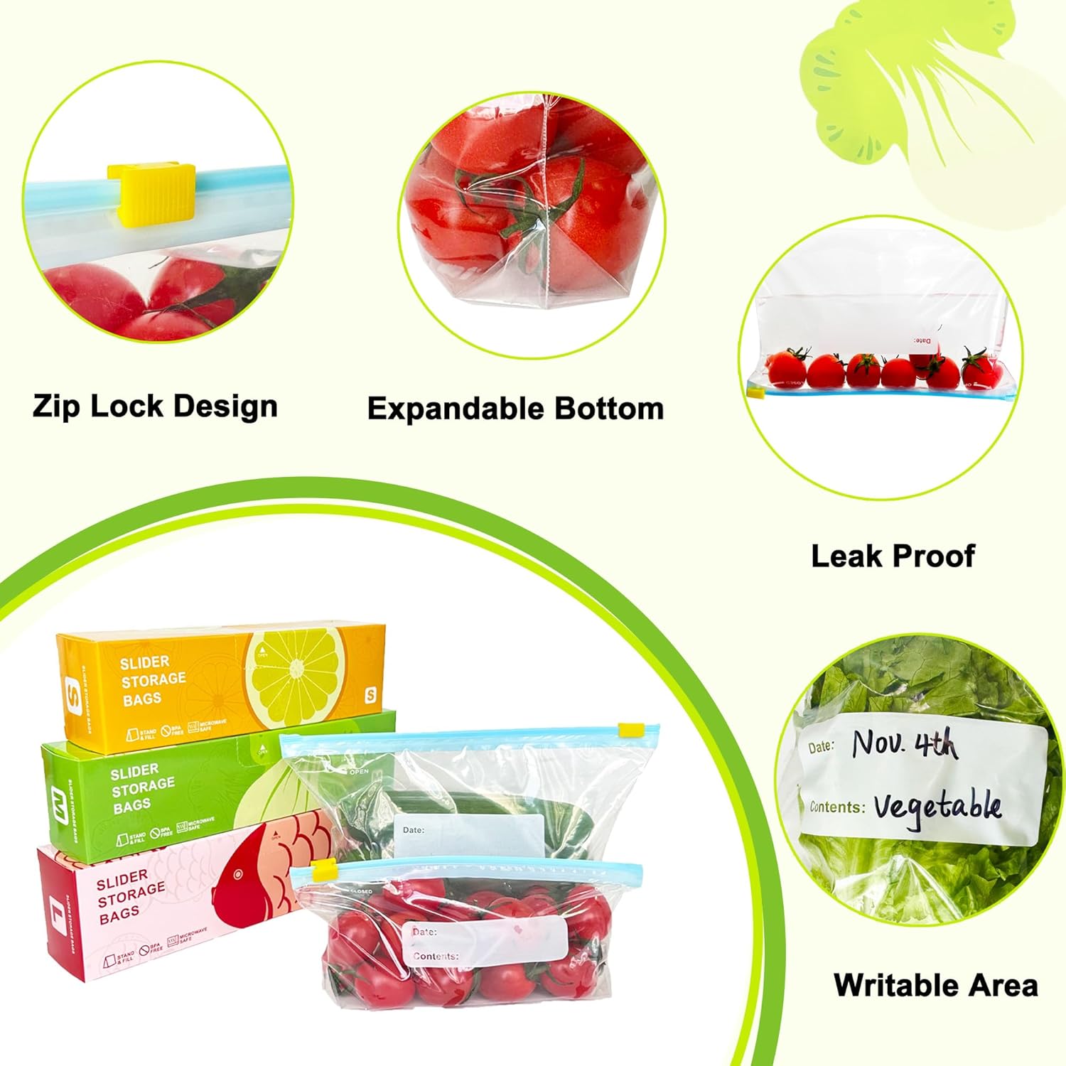 100 Pcs Food Storage Freezer Bags, 3 Sizes Zip Lock Bags(4.55L, 2.27L, 1L), VAKOWOO Reusable Ziplock Sandwich Bag with Expandable Bottom, Zip Seal Food Bag for Fruits, Vegetables, Meat, Grains, Snacks - Image 3