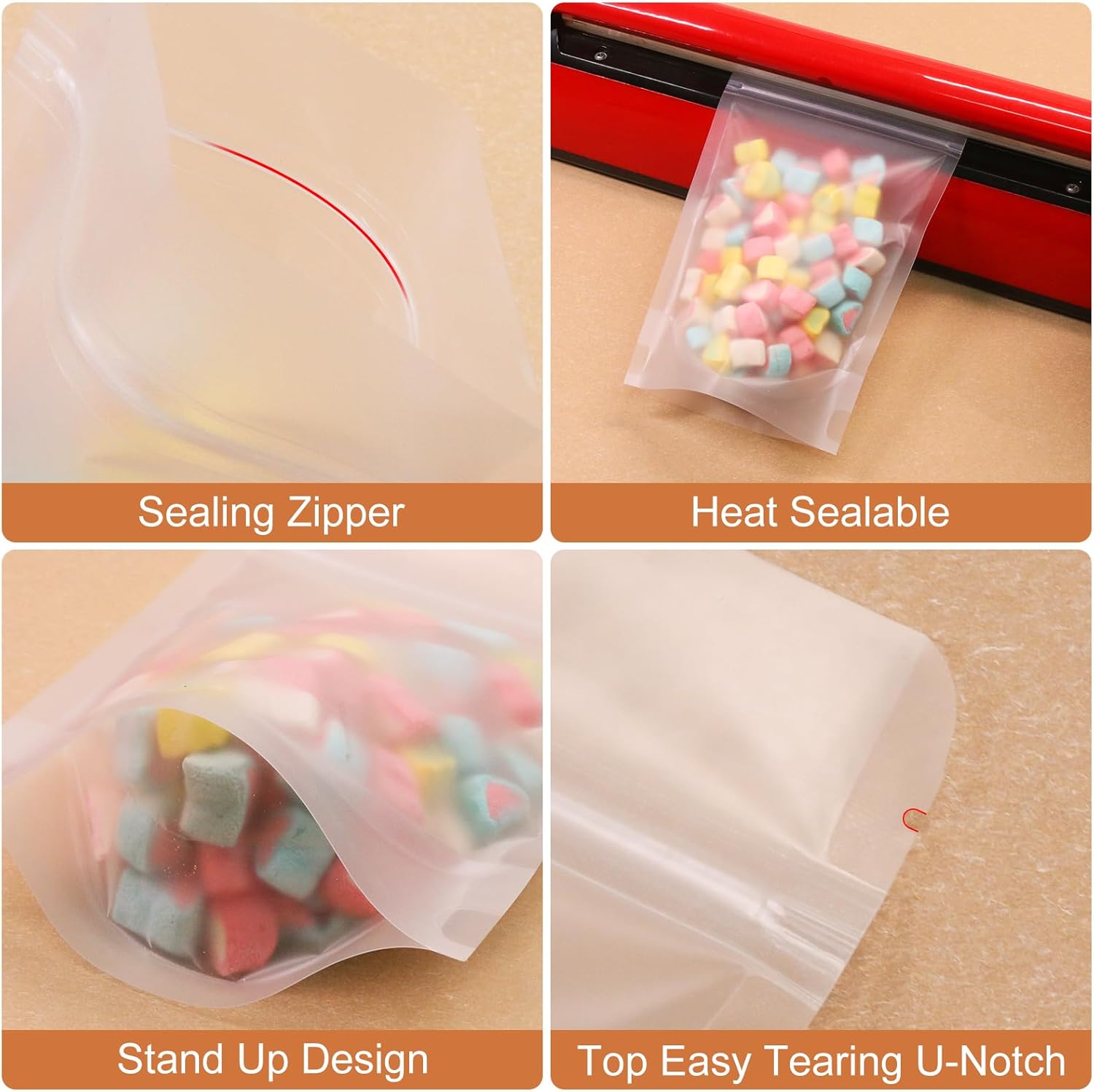 SumDirect 50pcs 11x17cm Matte Frosted Stand Up Food Bags Zipper Stand-up Reusable Sealing Food Pouches Snack Packing Bag with Tear Notch Thicken Heat sealable for Storing, Snack Tea and Drinking - Image 3