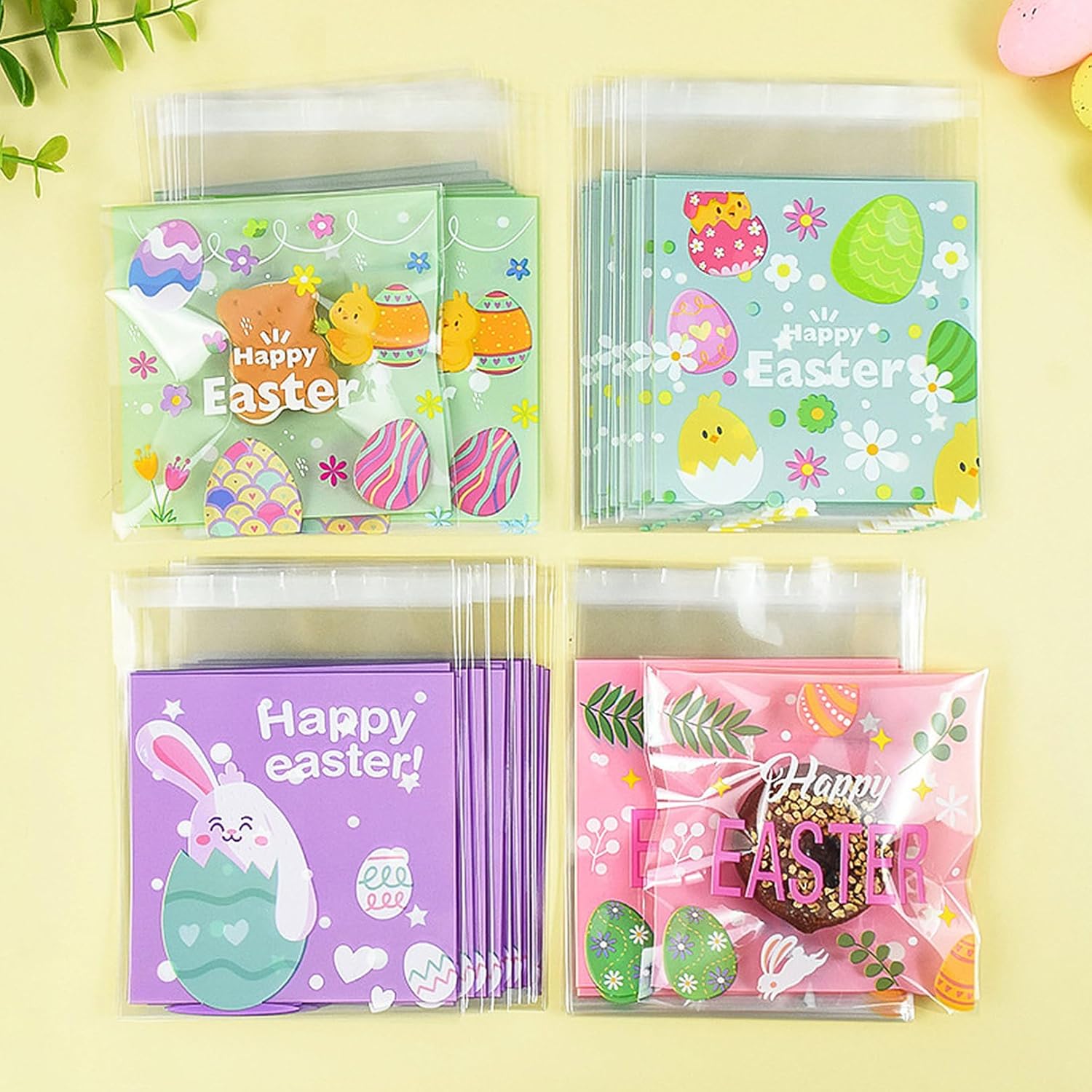 100-Pack Easter Cellophane Treat Bags with Self-Seal Adhesive - 4 Styles Bunny Egg Cone Goodie Bags for Cookies, Candy, Party Favors - Food Safe Easter Cookie Bags for Classroom Church Events - Image 7
