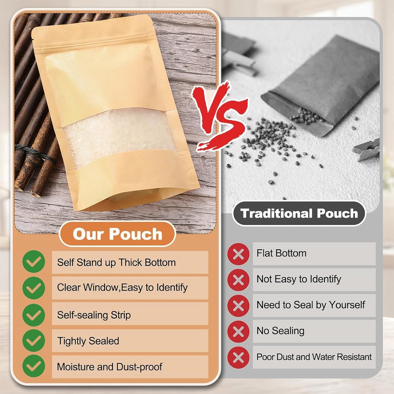 100 Pcs Kraft Pouches With Window, Kraft Bags with Resealable, Stand Up Food Bags for Cookie Tea Candy Nut Spices - Image 4