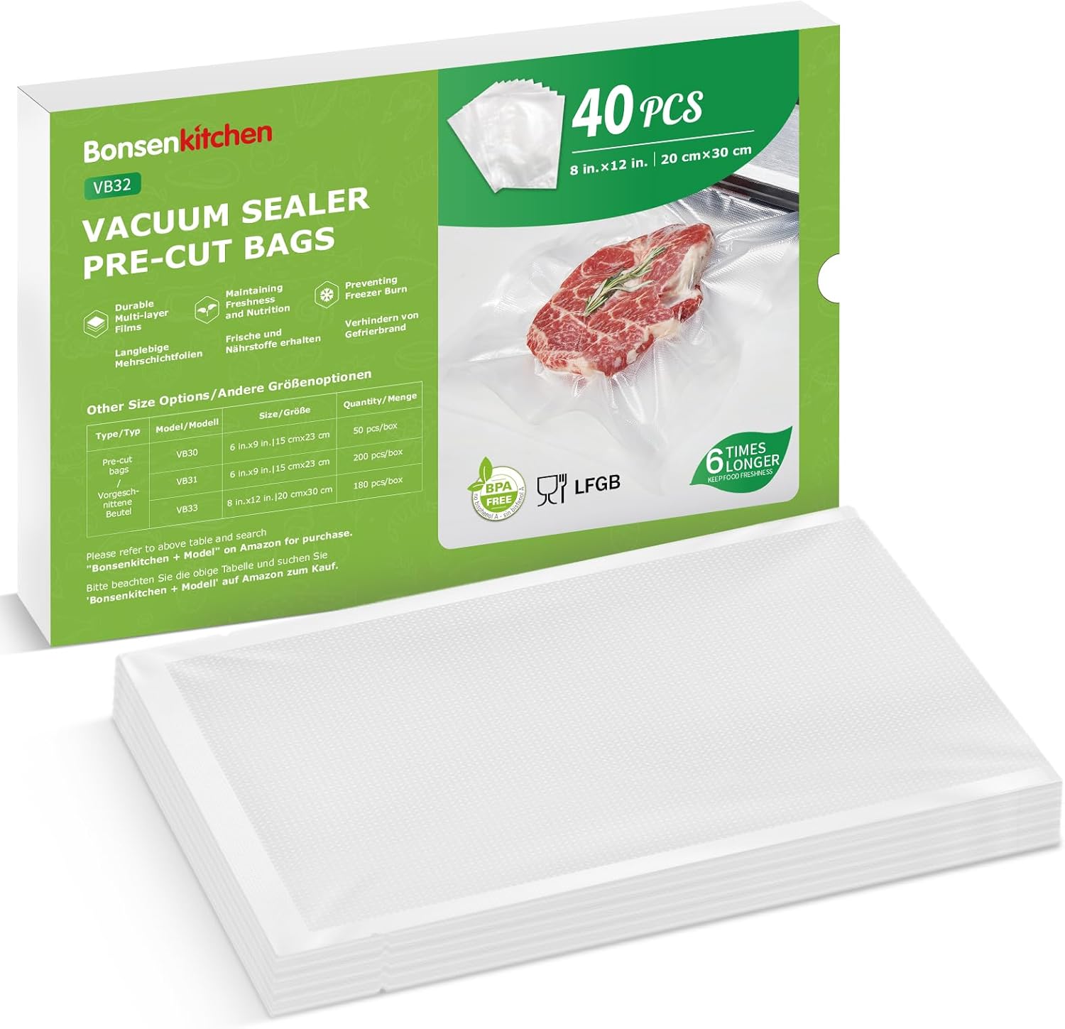 Bonsenkitchen Vacuum Sealer Bags, 40 Pcs 20 x 30 CM Precut Food Sealer Bags, Commercial Grade, BPA Free, Heavy Duty, Customized Size Vacuum Bags for Vac Storage, Meal Prep or Sous Vide Cooking, VB32