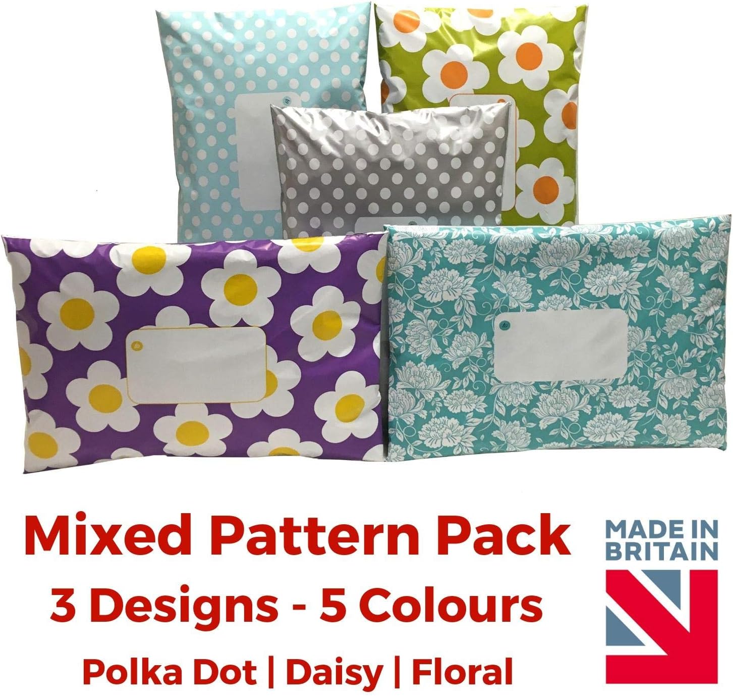 Divinely Different - Pack of 50 Bags - 10" x 14" Mixed Patterned Mailing Bags - 250mm x 350mm (10" x 14") - Patterned Mailing Bag Mixed Pack - (5 Colours x 5 Bags) - Post Plastic Polybag Poly Strong