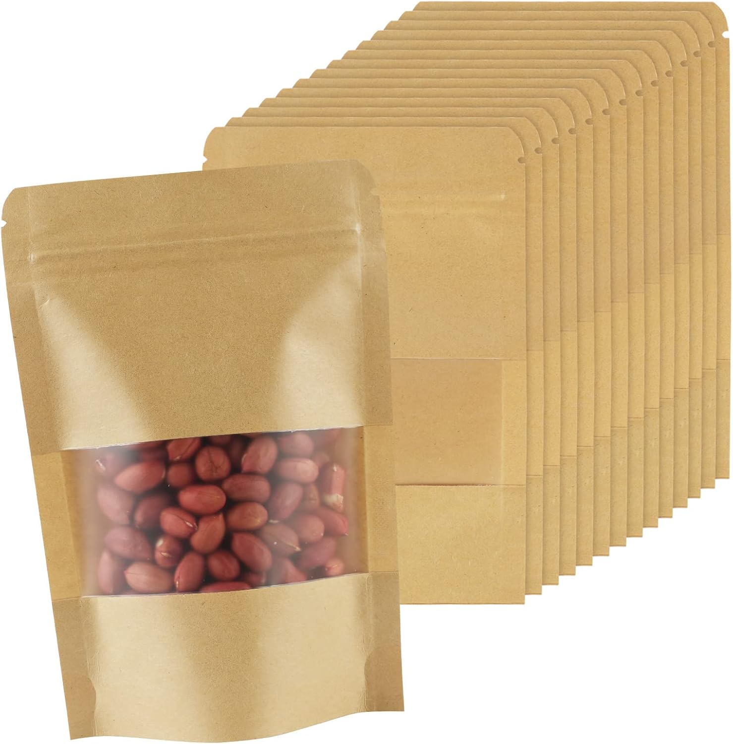 AUAUY 100 Reusable Brown Kraft Paper Stand Up Pouches with Window and Zipper Closure, 9*14cm/3.5*5.5inch, 100 Count, Sealed Paper Pouch with Reinforced Bottom, Ideal for Food Storage and Packaging - Image 8