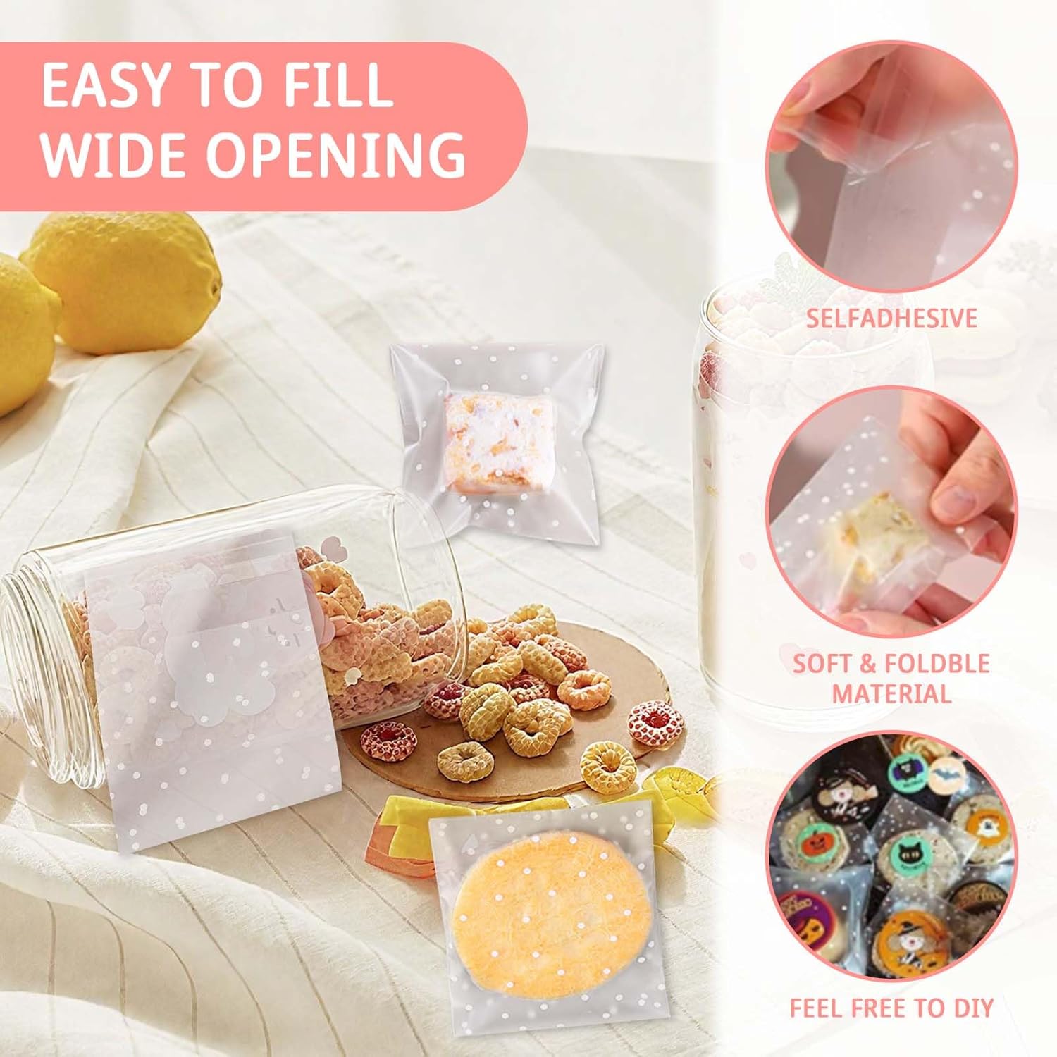 Cellophane Bags, 200 PCs White Polka Dot Self-Seal Translucent Cookie Bags Clear Frosted Plastic Package for Food Cookie Chocolates Biscuit Candy (7 X 7+3cm, 10×10cm+3cm) - Image 4