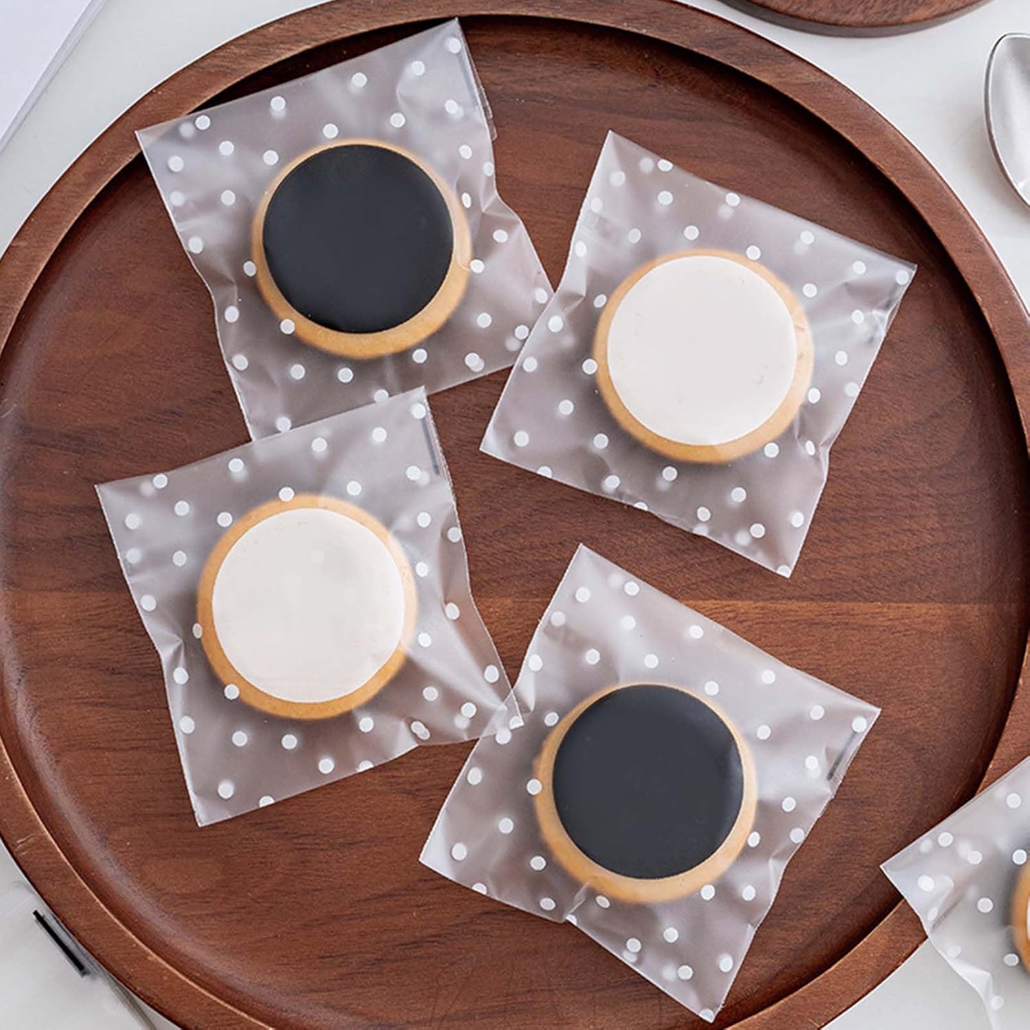 Cellophane Bags, 200 PCs White Polka Dot Self-Seal Translucent Cookie Bags Clear Frosted Plastic Package for Food Cookie Chocolates Biscuit Candy (7 X 7+3cm, 10×10cm+3cm) - Image 5