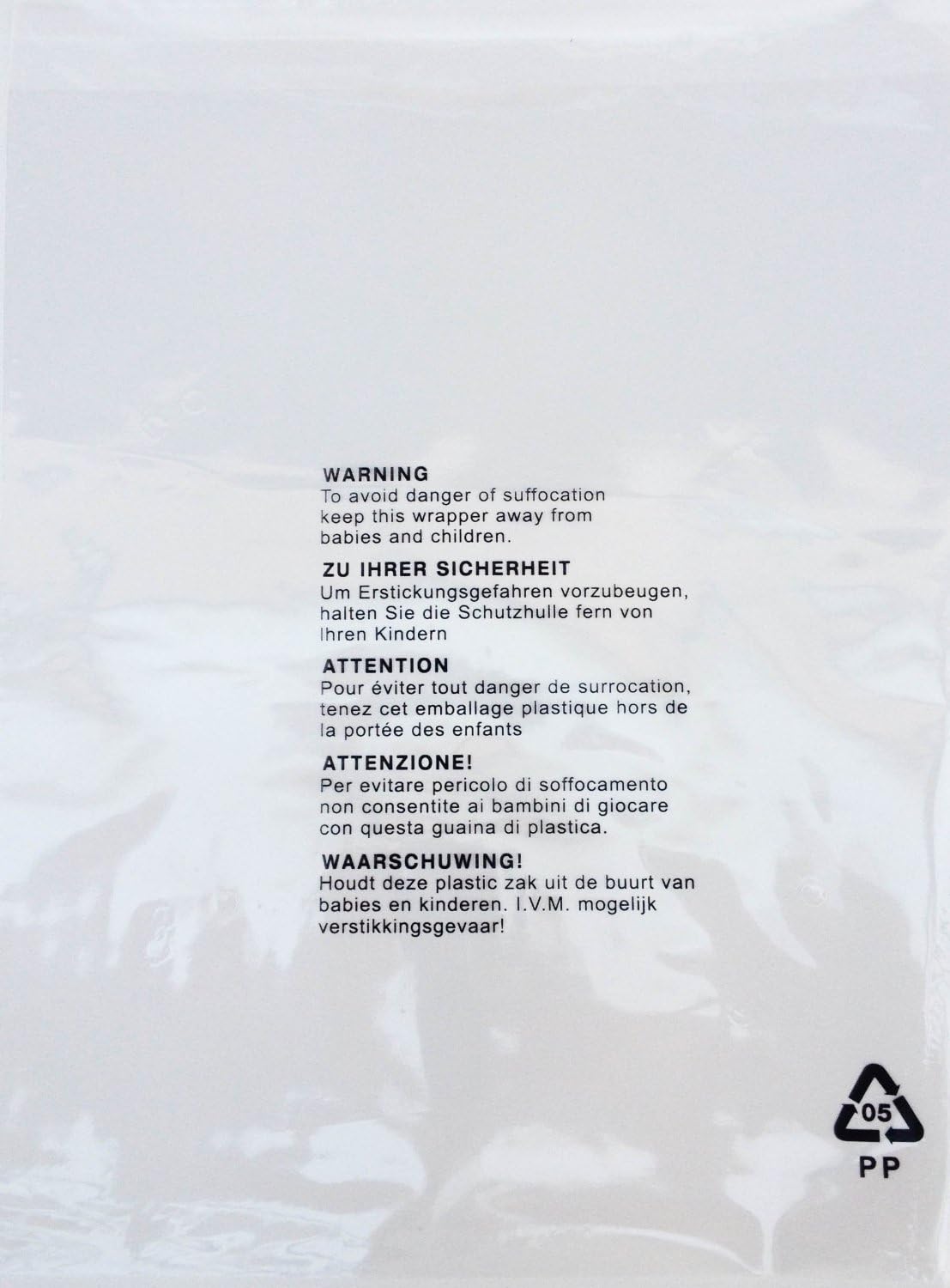 200 x Self Seal OPP Crystal Clear Poly Bags With Suffocation Warning in 5 Languages (12 x 16" (305 x 406mm))