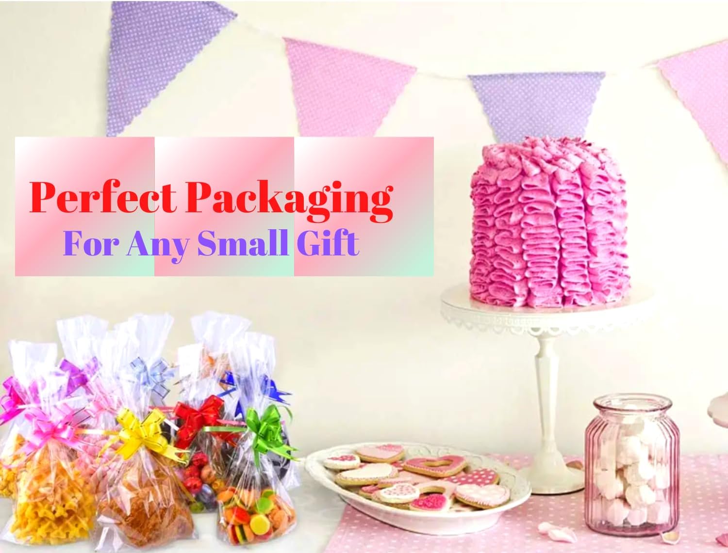 MAARA Small Cellophane Bags, Pack Of 80 (5"X7"/13X18cm) Clear Food Safe Sweet Bags, Flat Bottom Plastic Party Treat Bags With Pull Bows For Cookies, Biscuits, Clear Gift Bags - Image 6