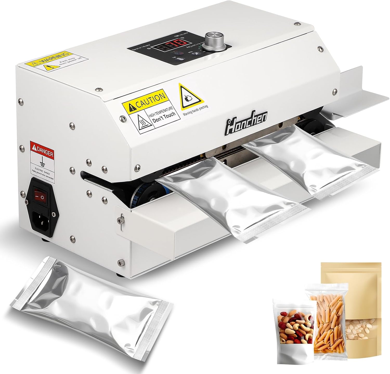 Hanchen Automatic Continuous Sealer 6m/min Continuous Band Sealing Machine Temp&Speed Adjustable, 300W Roller Heat Sealer for Plastic Bag Foil Bag Kraft Paper Bag (Without printing wheel)