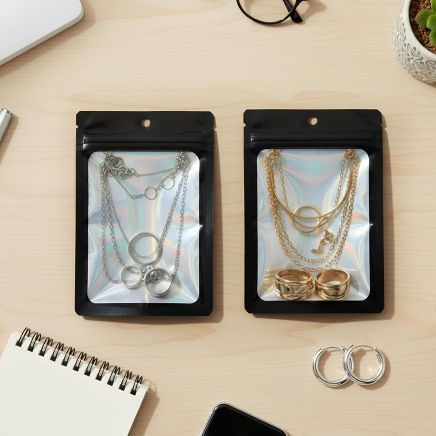 200 PCS Mylar Holographic Bags, 4 Sizes Plastic Smell Proof Resealable Foil Ziplock Bags, Small Black Packaging Storage Bag for Jewelry, Candy, Fishing Gear, Lip Gloss and Crafts Small Items - Image 6