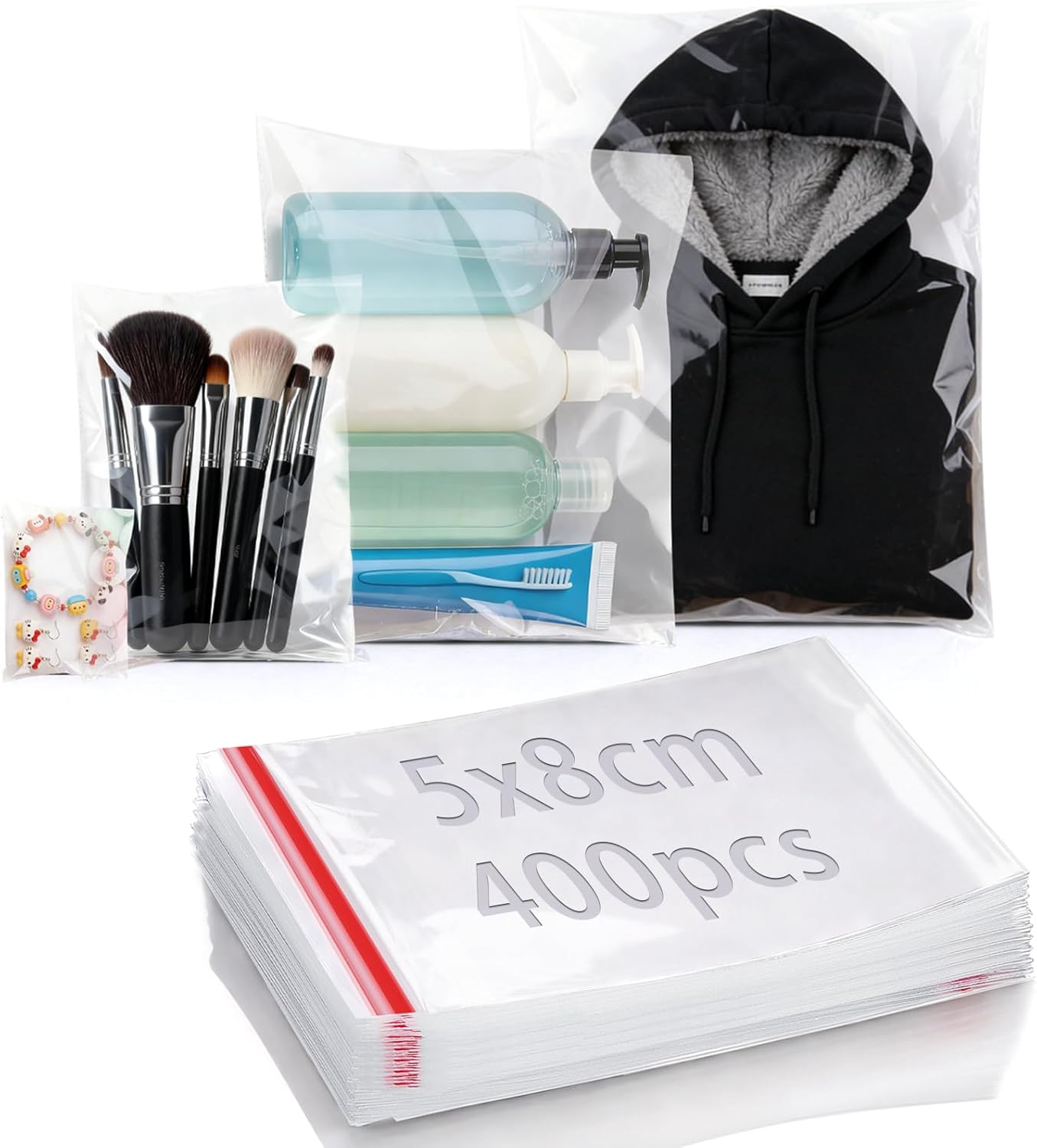 mawmuaw 400 Pieces Clear Cellophane Bags 5x8 cm Self Adhesive Plastic Bags Reusable OPP Small Self Seal Cookie Bag for Biscuits Sweets Bread Jewellery DIY Handmade