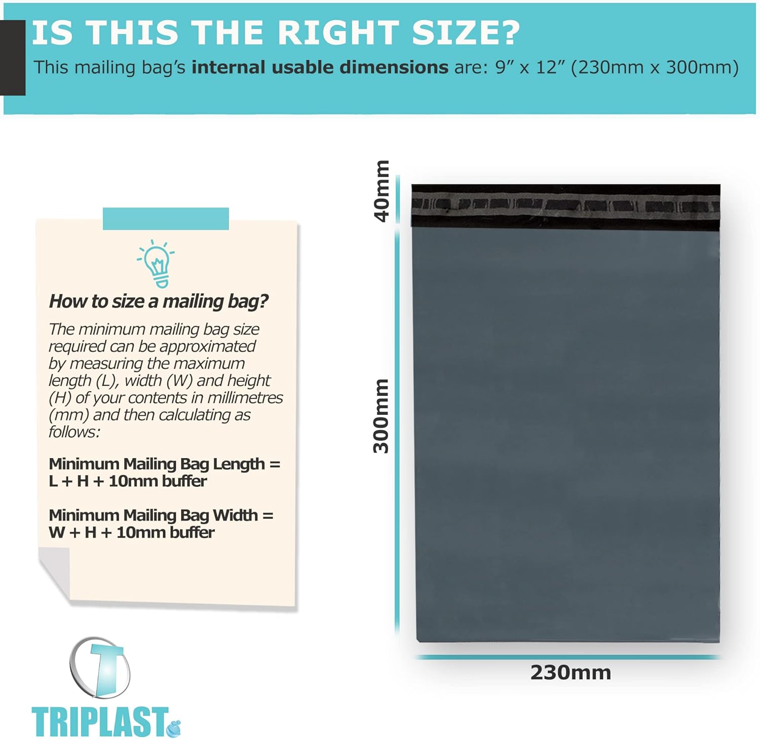 Triplast 9 x 12-Inch Plastic Mailing Postal Bag - Grey (Pack of 100) - Image 2