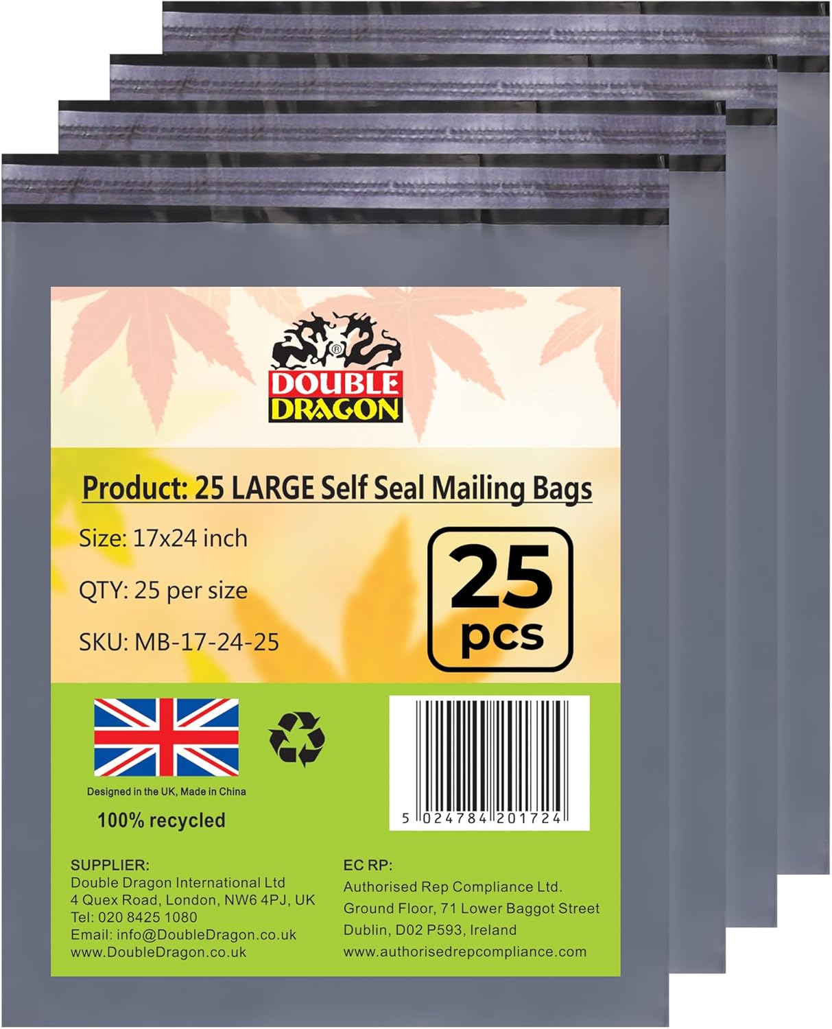 Double Dragon 25-Pack 17"x24" Self-Seal Grey Large Mailer Bags |Self-Seal Shipping Envelopes | Strong, Waterproof, Tamper-Proof Polythene Packaging for Clothes, Bedding & Parcels (Also for Storage)