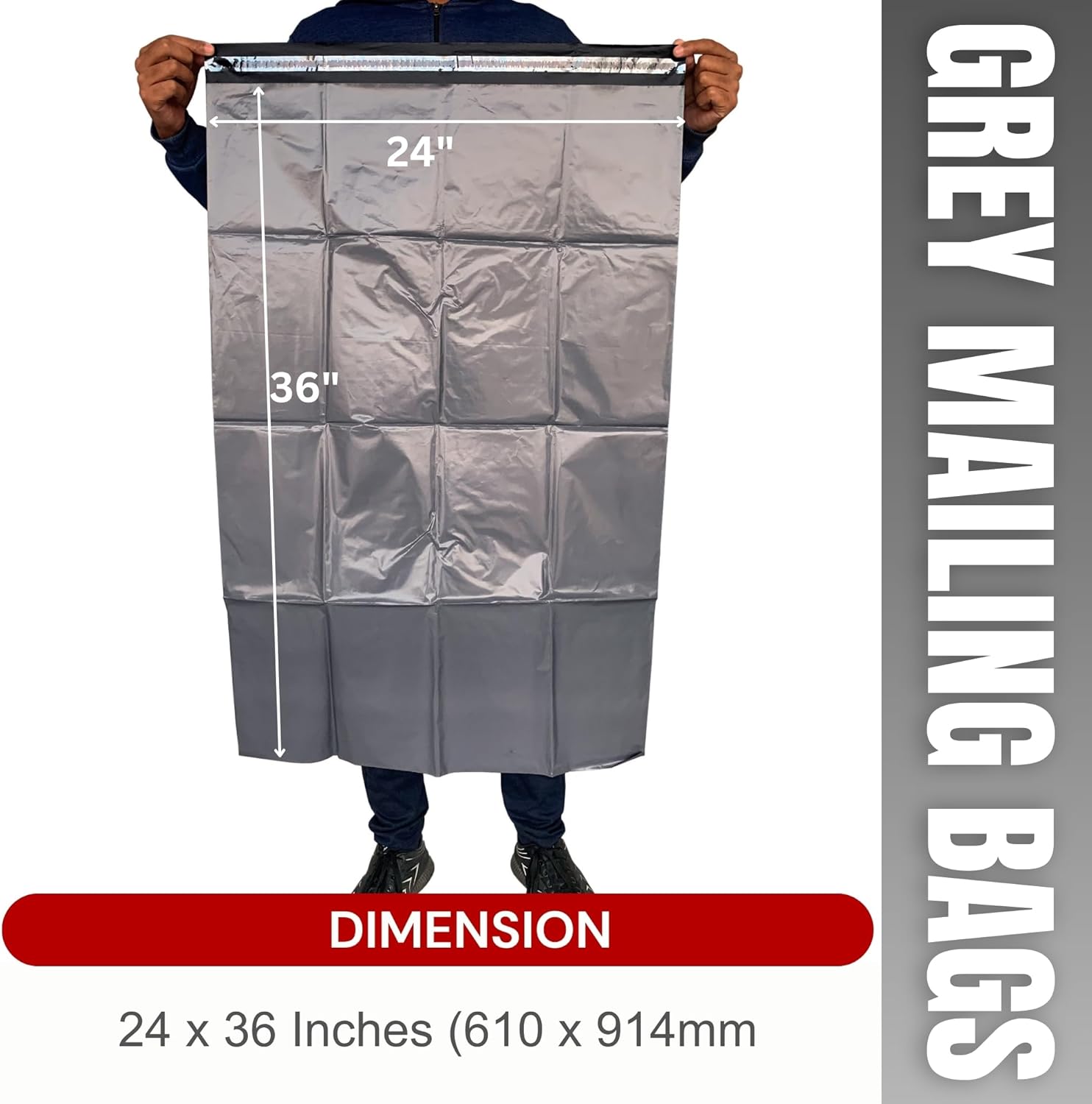 JeeJaan® 5 Pcs of Large Grey Postage Bags 24" x 36" - 610 x 914 mm Grey Parcel Bags Extra Strong Polythene Mail Envelopes for Packaging Parcel Self Seal Poly Mailer Ideal for Shipping Purpose - Image 2