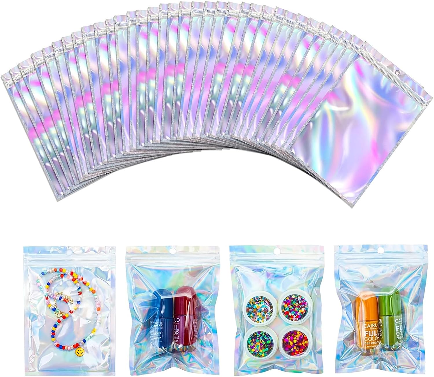25pcs Mylar Holographic Packaging Bags, Resealable Smell Proof Aluminum Foil Clear Golden Flat Ziplock Durable Gift Packaging Food Storage for Candy Snack Jewelry, 10.5x15cm