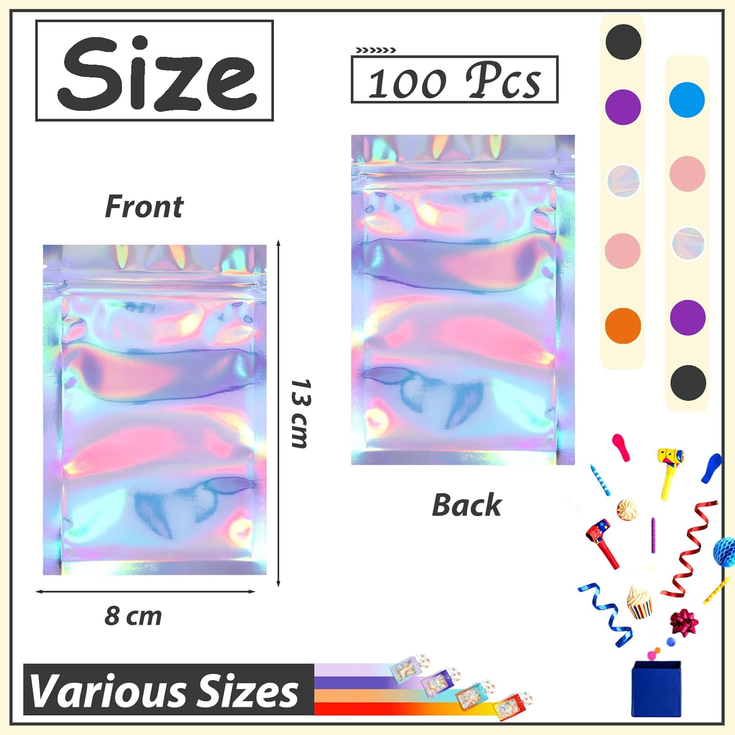 100pcs Holographic Bags 8x13cm, Foil Smell Proof Resealable Sweet Pouches, Small Plastic Bags for Lipgloss, Jewelry, Eyelash, Food Storage, Gift Grip Foil Ziplock Bags - Image 2