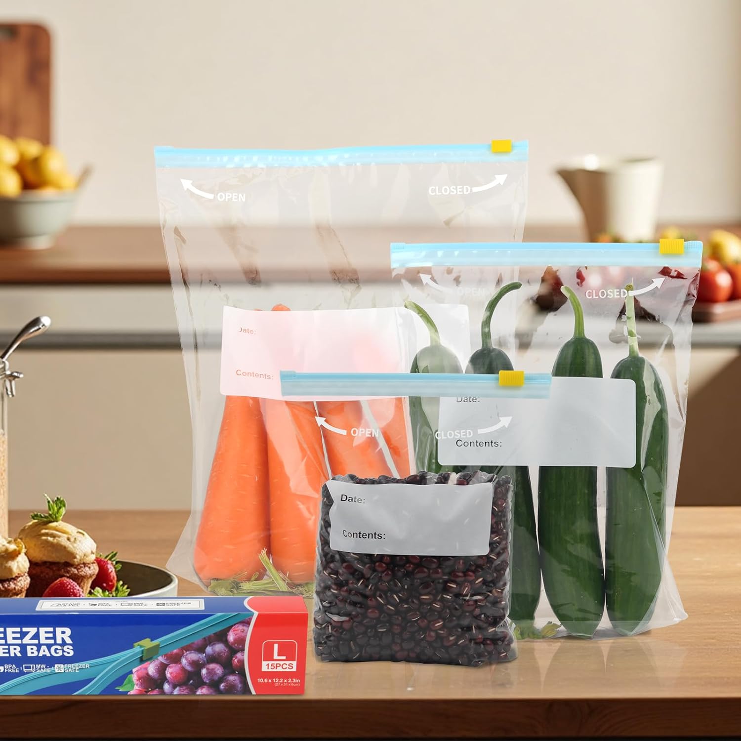 70PCS Zip Lock Food Storage Freezer Bags, TAIYUNWEI Reusable Sandwich Bags with Expandable Bottom-Freezer&Microwave Safe-Resealable for Sanwich, Fruit, Snack, Veggie, Grain, Meat (70PCS-3 Size(S/M/L)) - Image 5