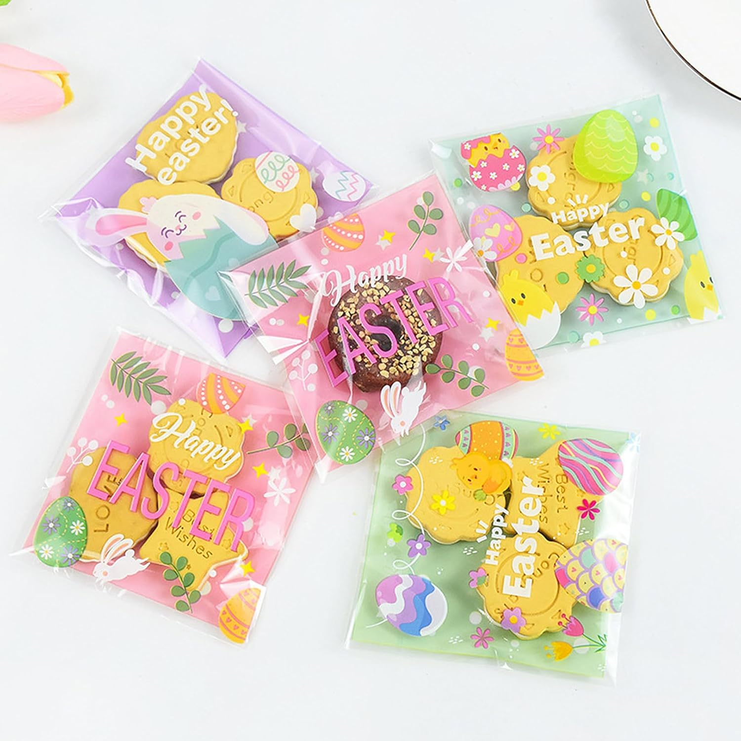 100-Pack Easter Cellophane Treat Bags with Self-Seal Adhesive - 4 Styles Bunny Egg Cone Goodie Bags for Cookies, Candy, Party Favors - Food Safe Easter Cookie Bags for Classroom Church Events - Image 5