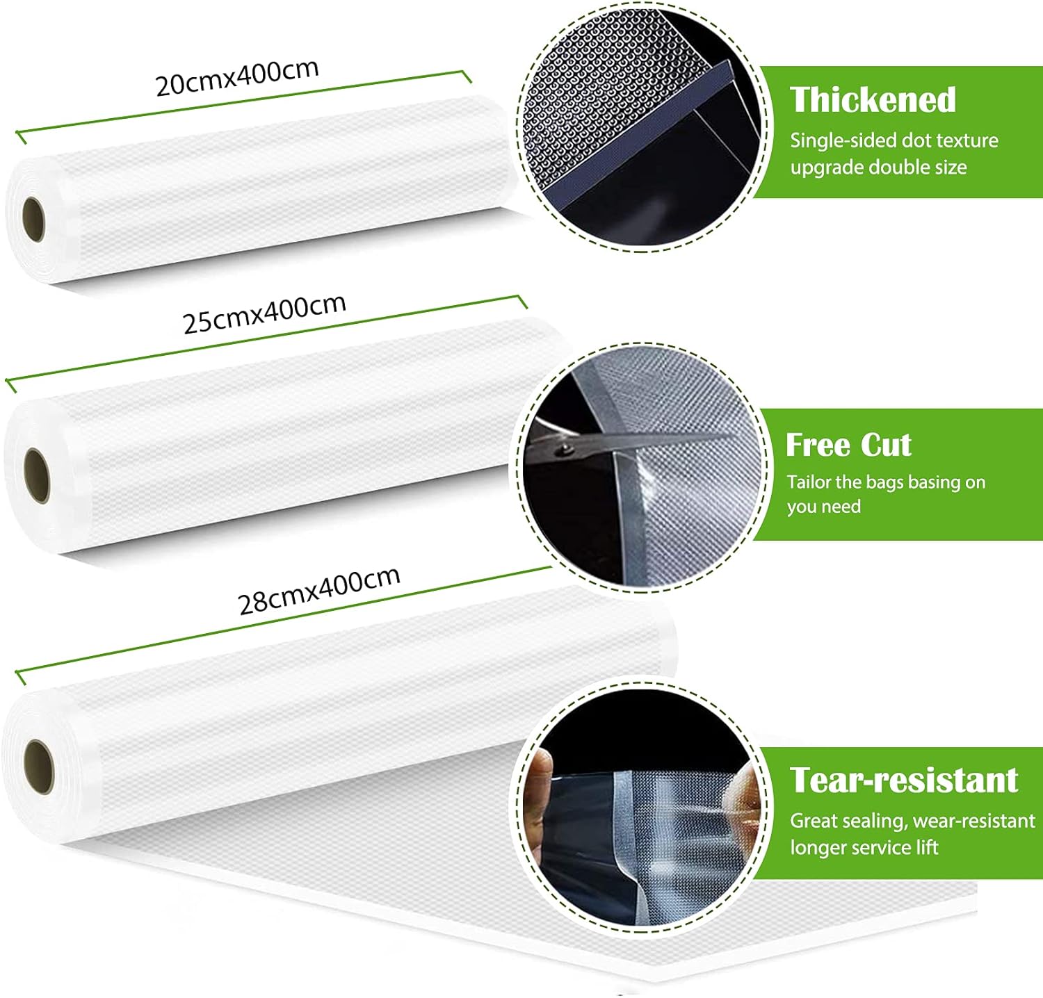 Vacuum Sealer Bags, Food Vacuum Seal 3 Rolls 12M for Sous Vide Cooking, Microwave, Freezer, Food Storage Preservation Seal Meal, Reusable, BPA Free Fit All Sealer Machines 20cm/25cm/28cmx 400cm - Image 4