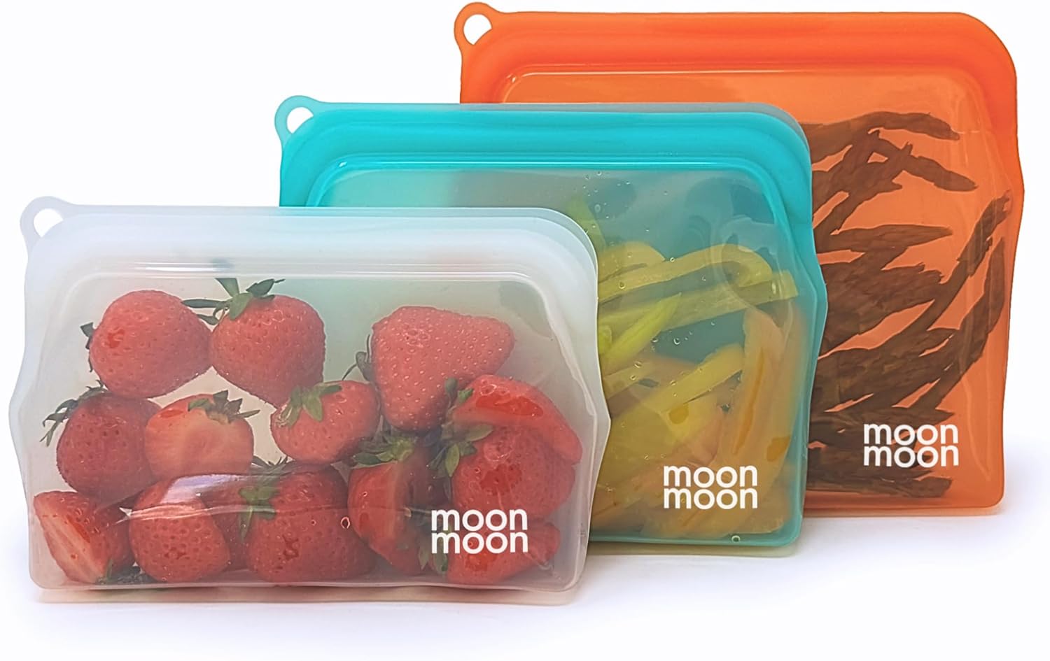 Moonmoon Reusable Silicone Freezer Bags | Leakproof Fridge & Freezer Storage | Resealable Food Bags for Sandwiches, Snacks & Soup (Set of 3). Plastic Free.