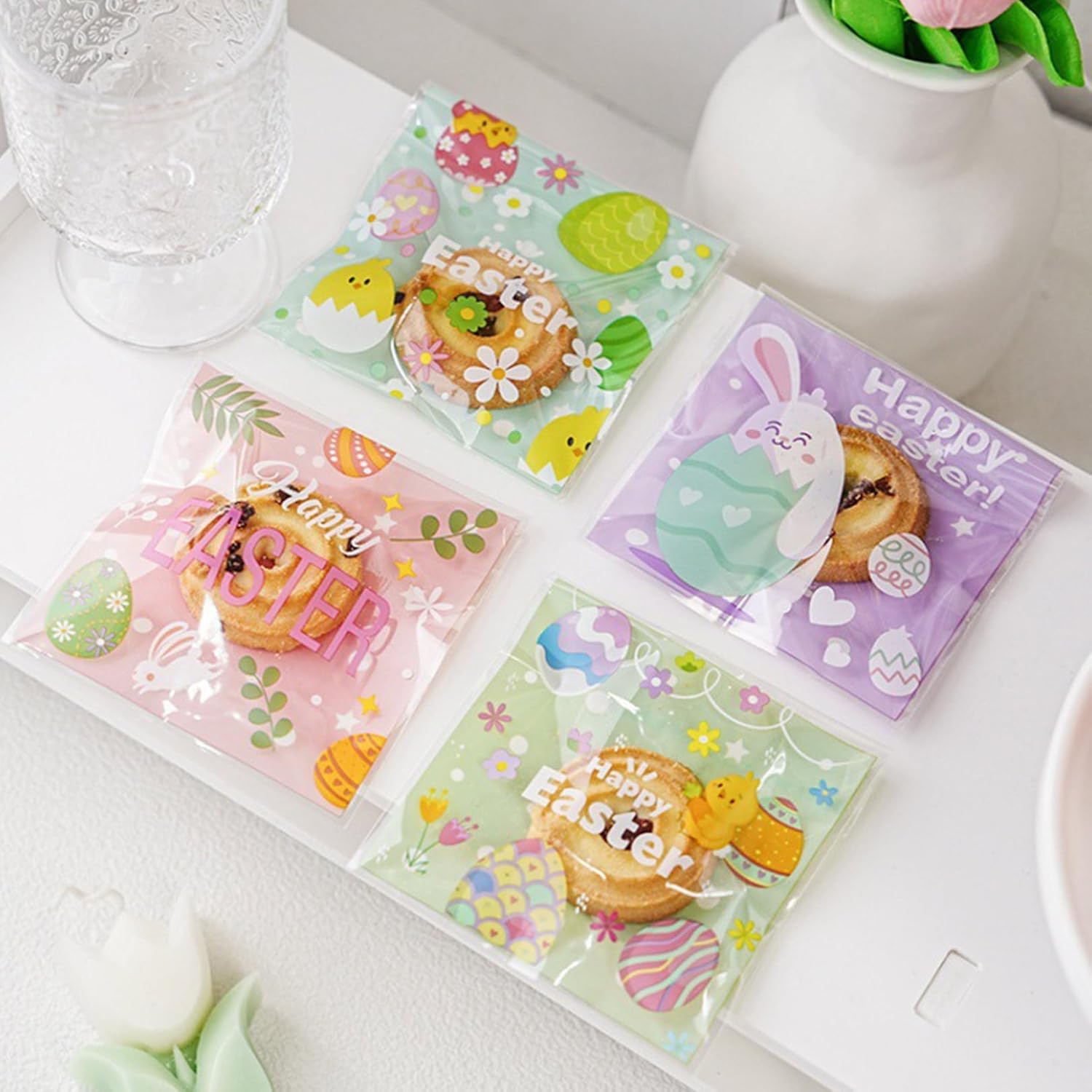 100-Pack Easter Cellophane Treat Bags with Self-Seal Adhesive - 4 Styles Bunny Egg Cone Goodie Bags for Cookies, Candy, Party Favors - Food Safe Easter Cookie Bags for Classroom Church Events - Image 4