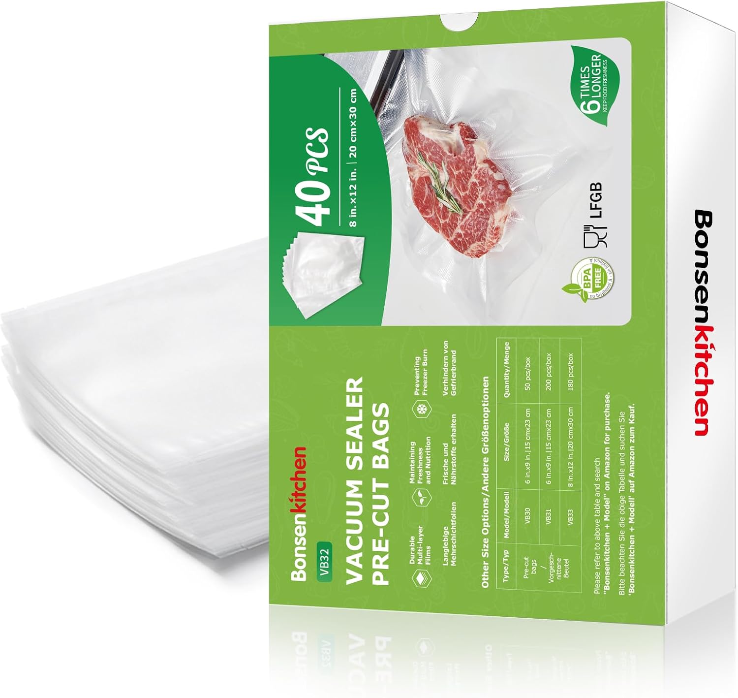 Bonsenkitchen Vacuum Sealer Bags, 40 Pcs 20 x 30 CM Precut Food Sealer Bags, Commercial Grade, BPA Free, Heavy Duty, Customized Size Vacuum Bags for Vac Storage, Meal Prep or Sous Vide Cooking, VB32 - Image 9