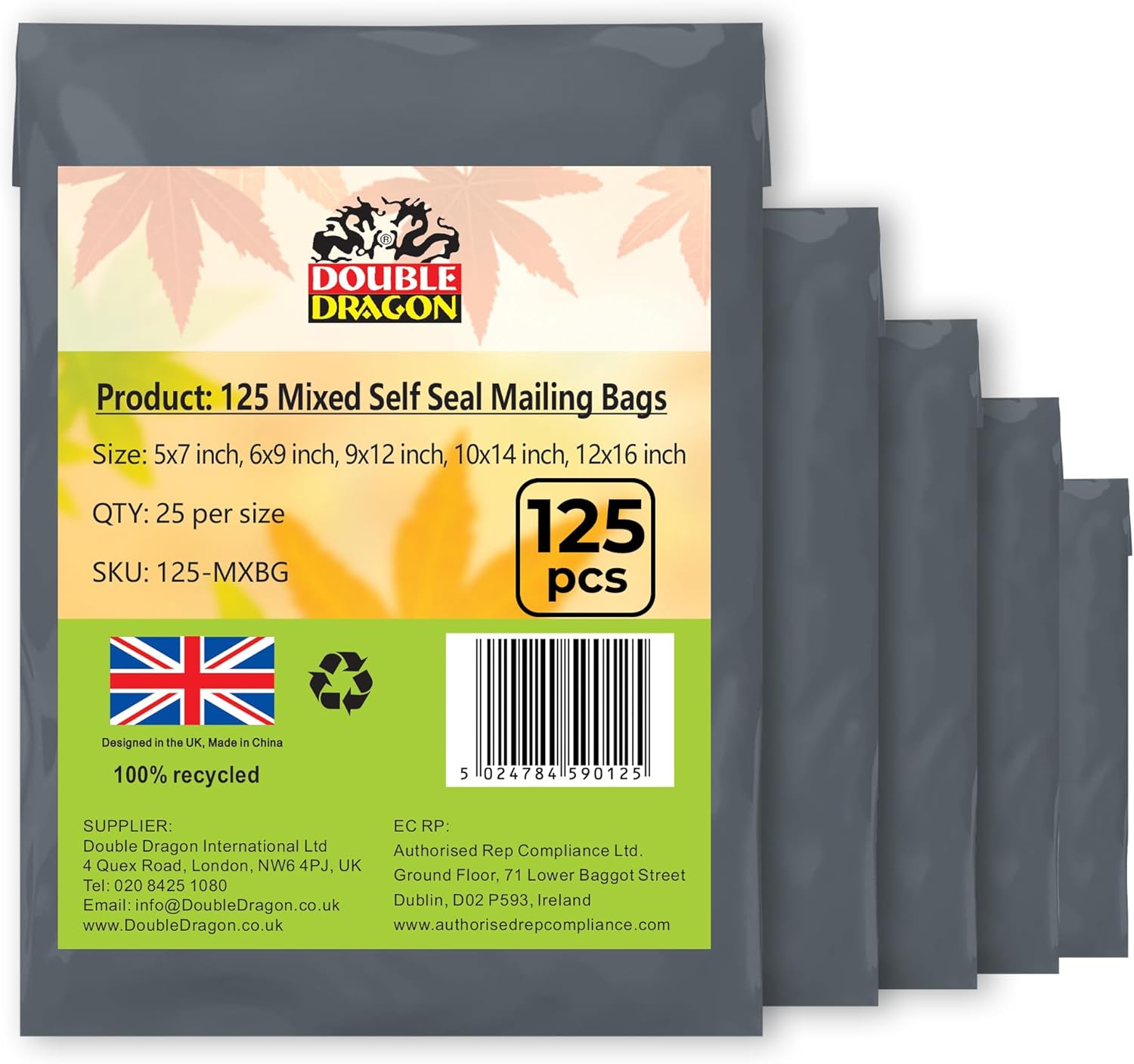 Double Dragon 125 Mixed Size Self-Seal Mailer Bags | Tamper-Proof Plastic Packaging for Mailing, Postage, Shipping & Delivery | Grey (5 Sizes | Small to Large | 25 Each)