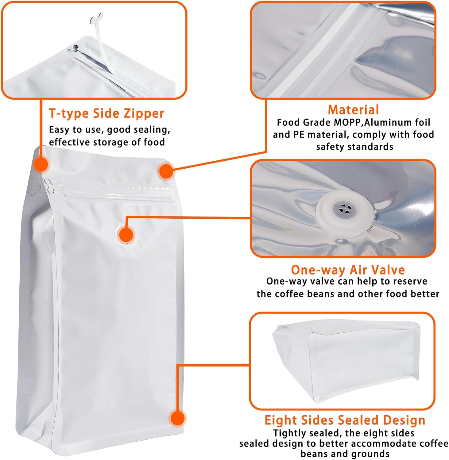 Coffee Bags with Valve (50 Pack, 8oz/0.45lb), High Barrier White Aluminum Foil, Coffee Bean Storage Bags, Reusable Packaging Bags with Side Zipper - Image 2